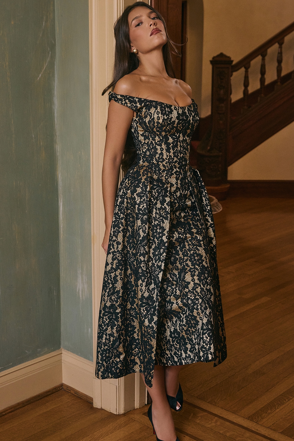 Charming-Black Gold Lace Off Shoulder Midi Gown