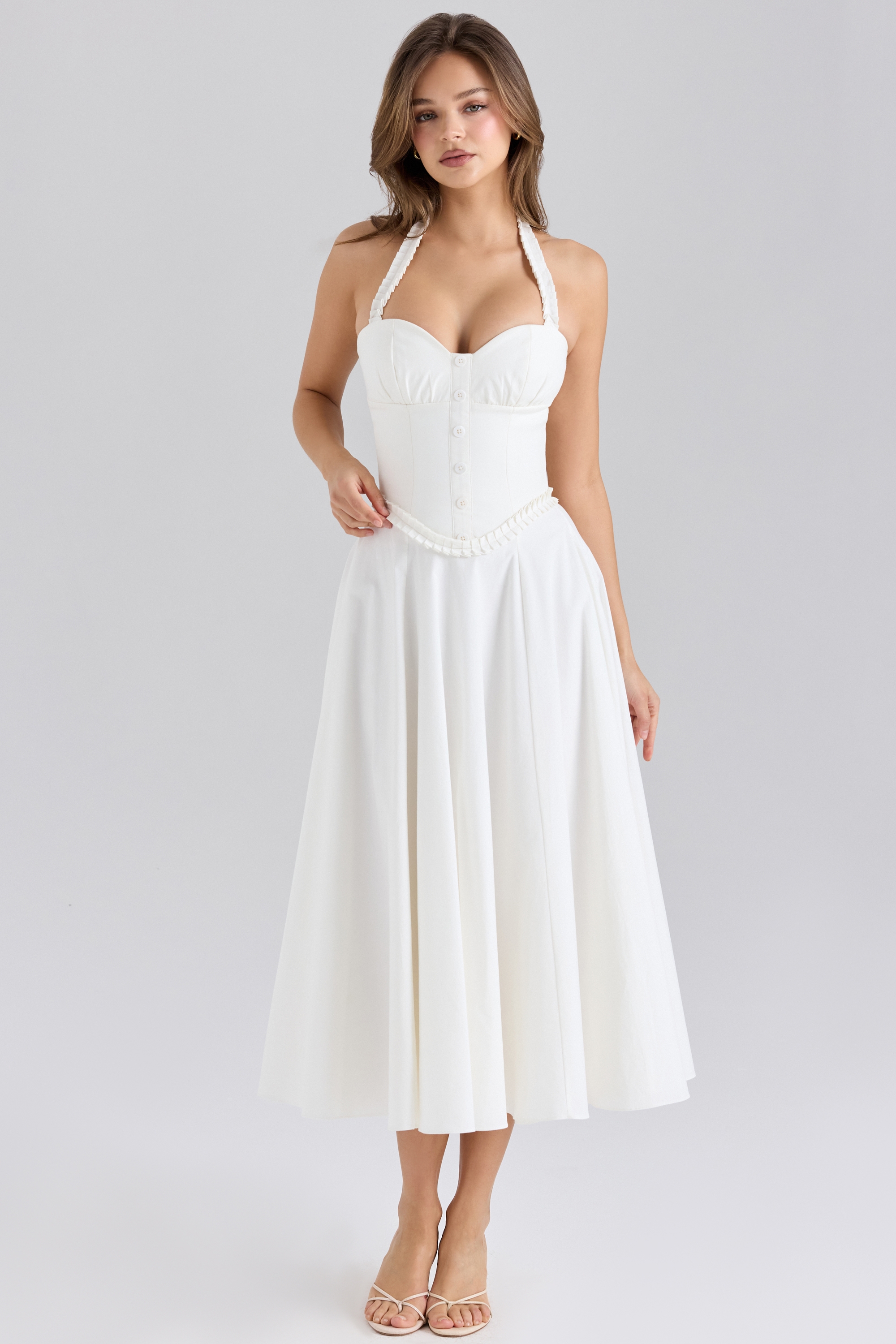 Georgie-White Stretch Cotton Halter Neck Midi Dress