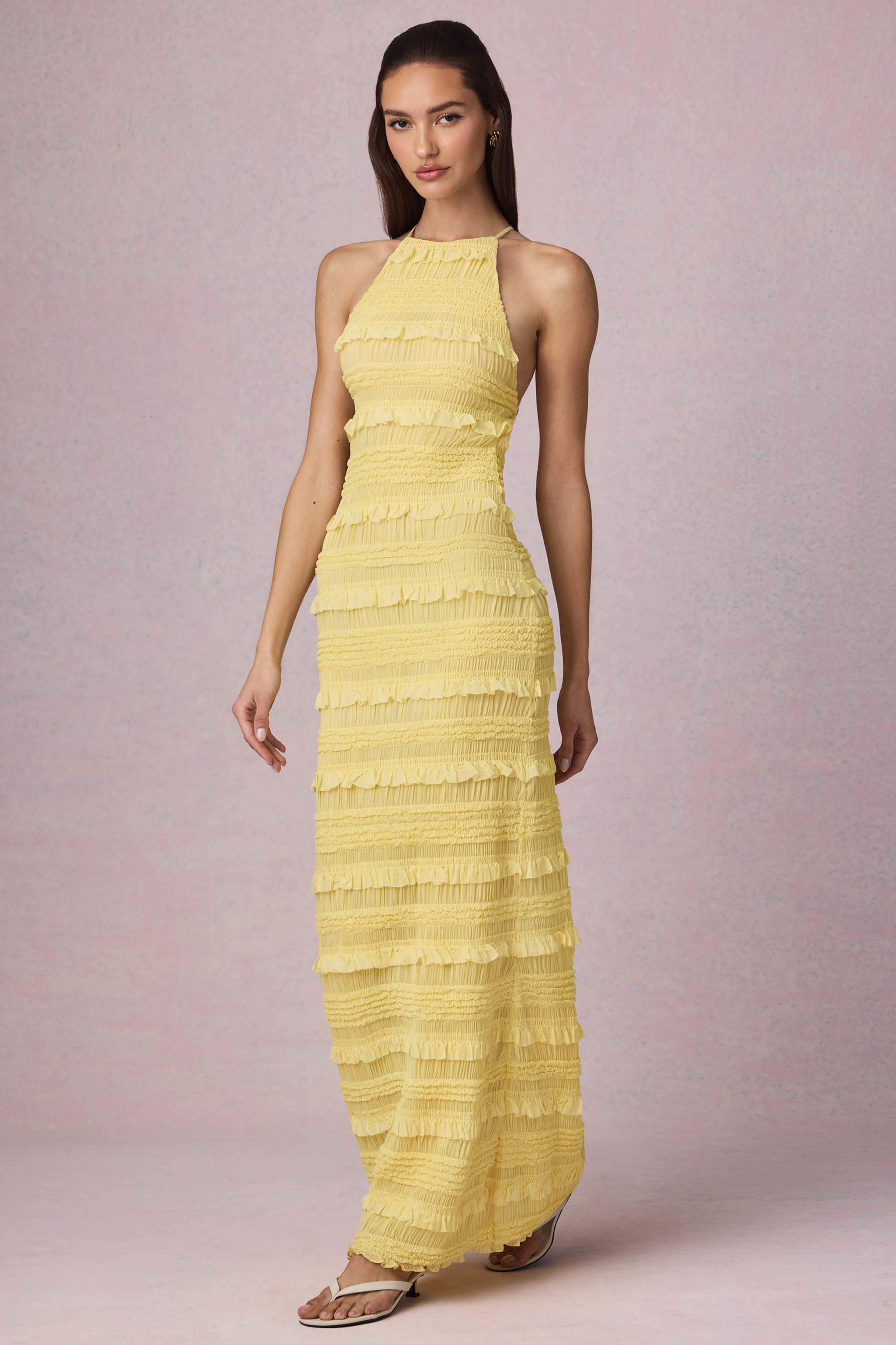 Tove-Ruffled Backless Halterneck Maxi Dress in Lemon Yellow