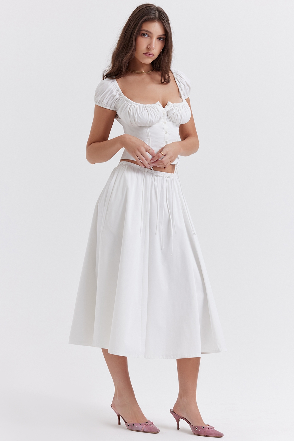 Cora-White Gathered Midi Skirt