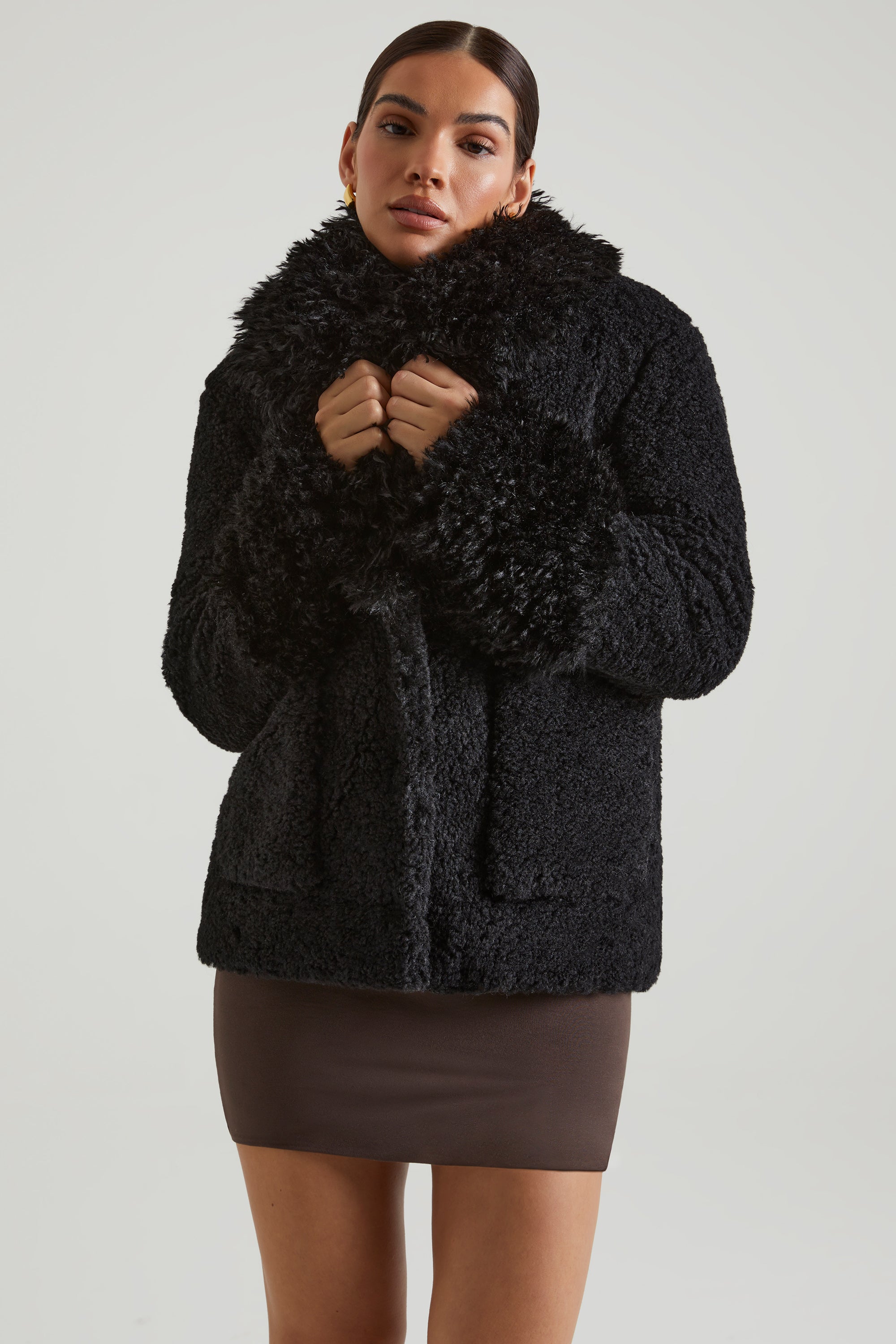 Wynter-Shearling Coat with Large Front Pockets in Black