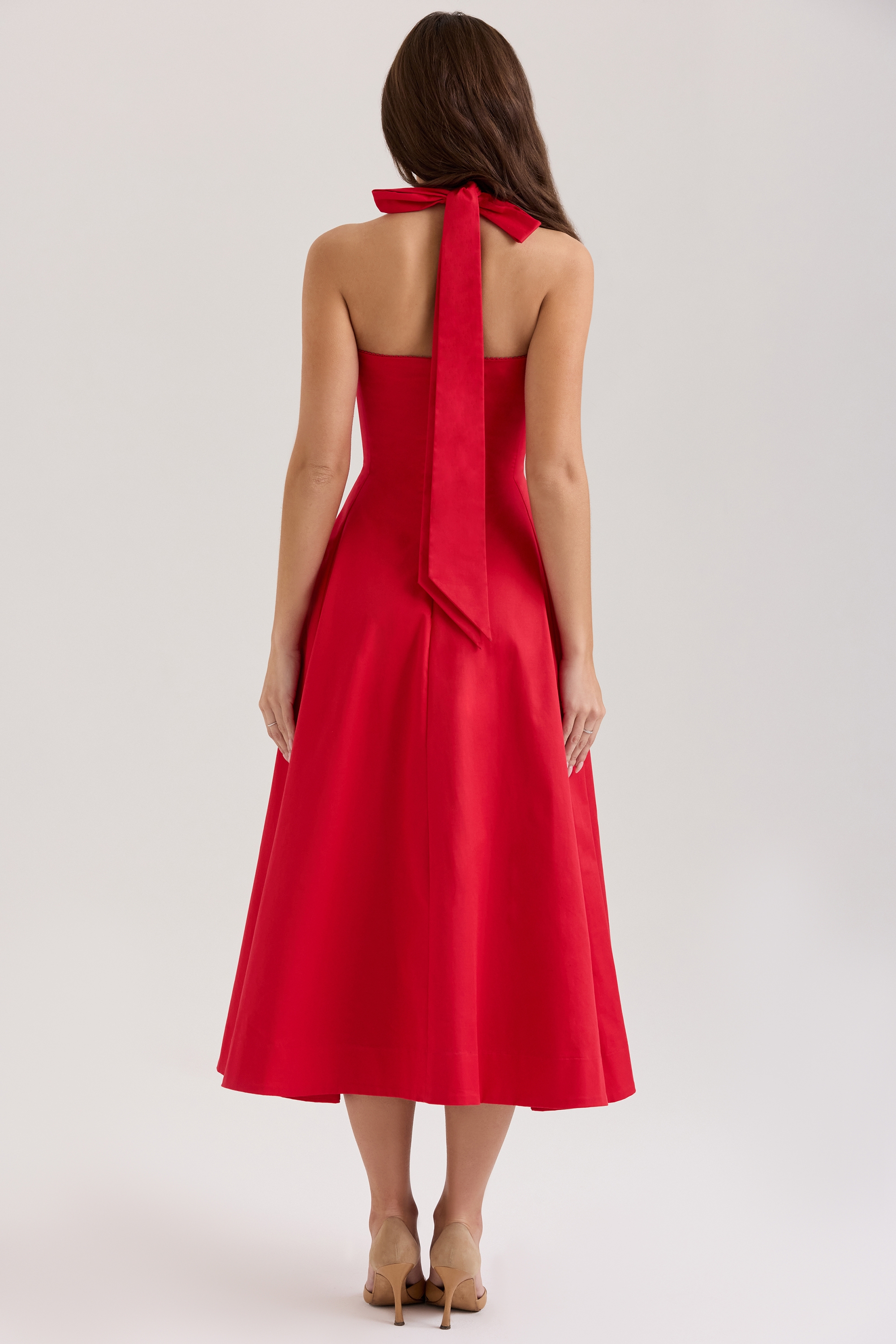 Claudia-Red Stretch Cotton Button Halter Neck Midi Dress