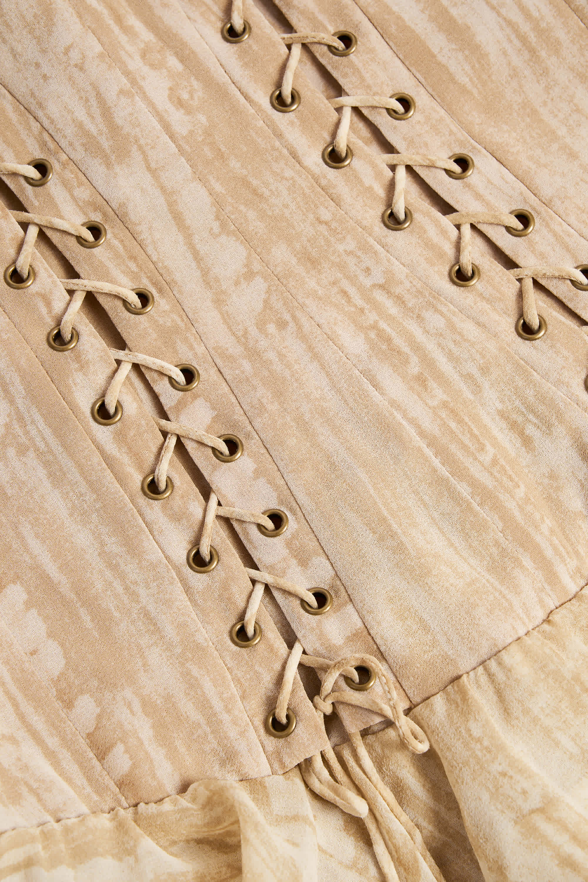 Toren-Lace-Up Ruffled Tiered Mini Dress in Tan Print