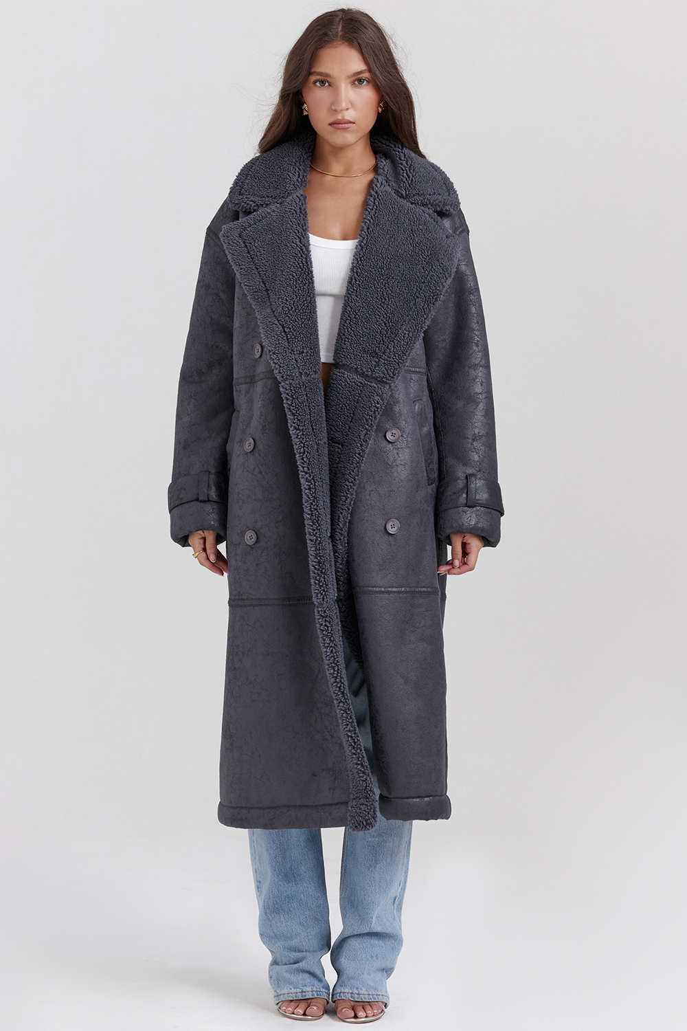 Deiji-Grey Vegan Shearling Coat