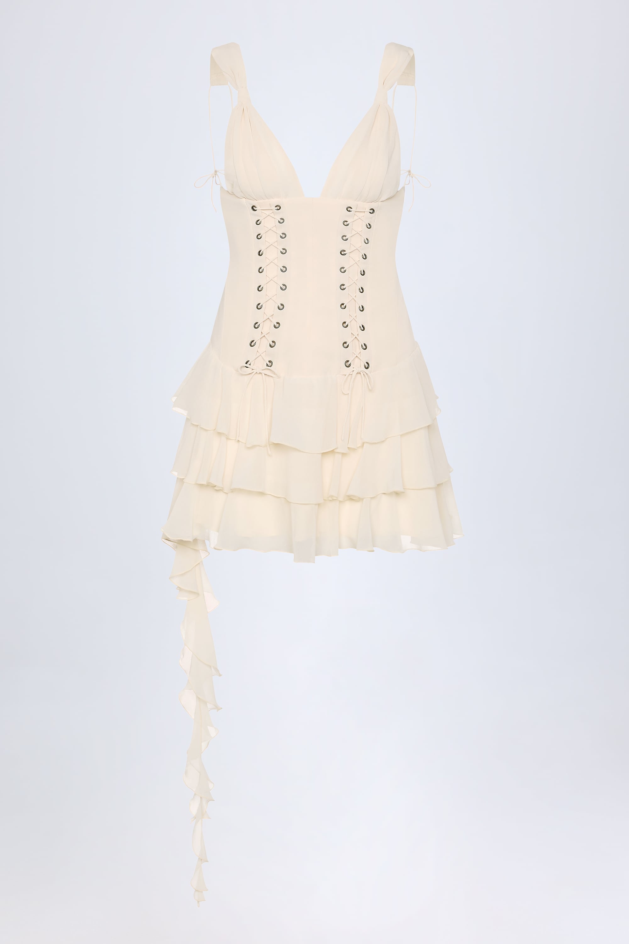 Toren-Lace-Up Ruffled Tiered Mini Dress in Ivory