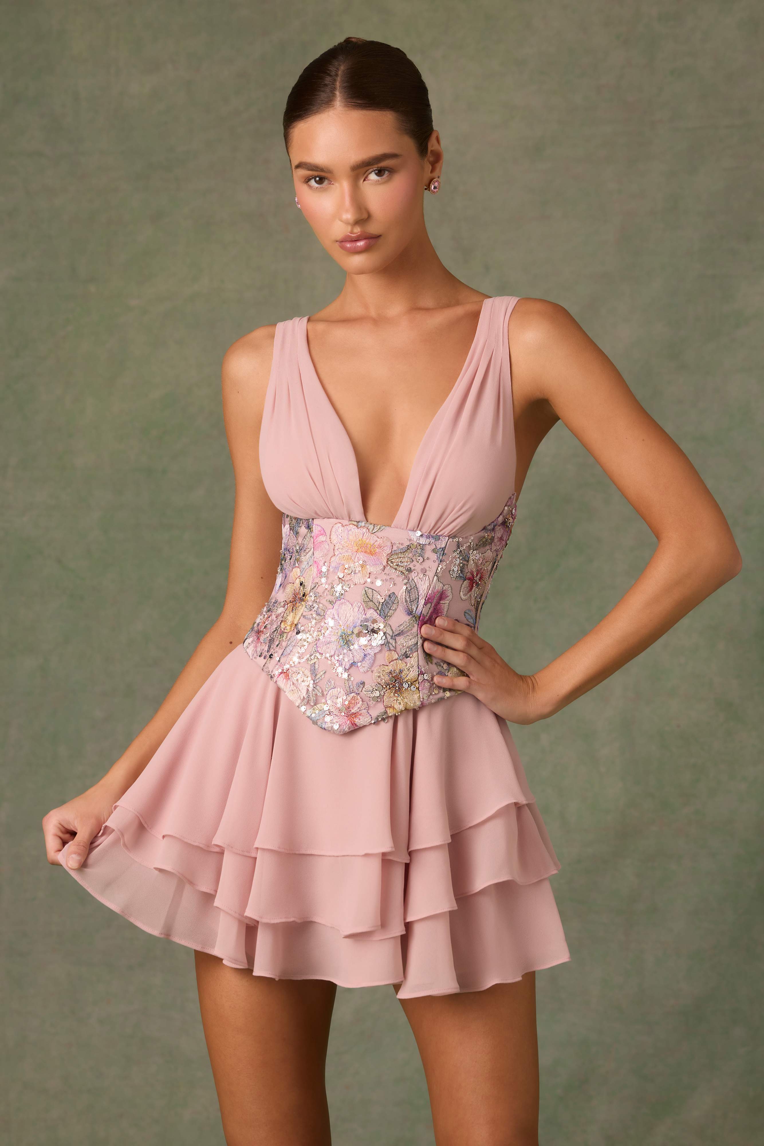 Sakura-Embellished Ruffled Corset Mini Dress in Floral Pink