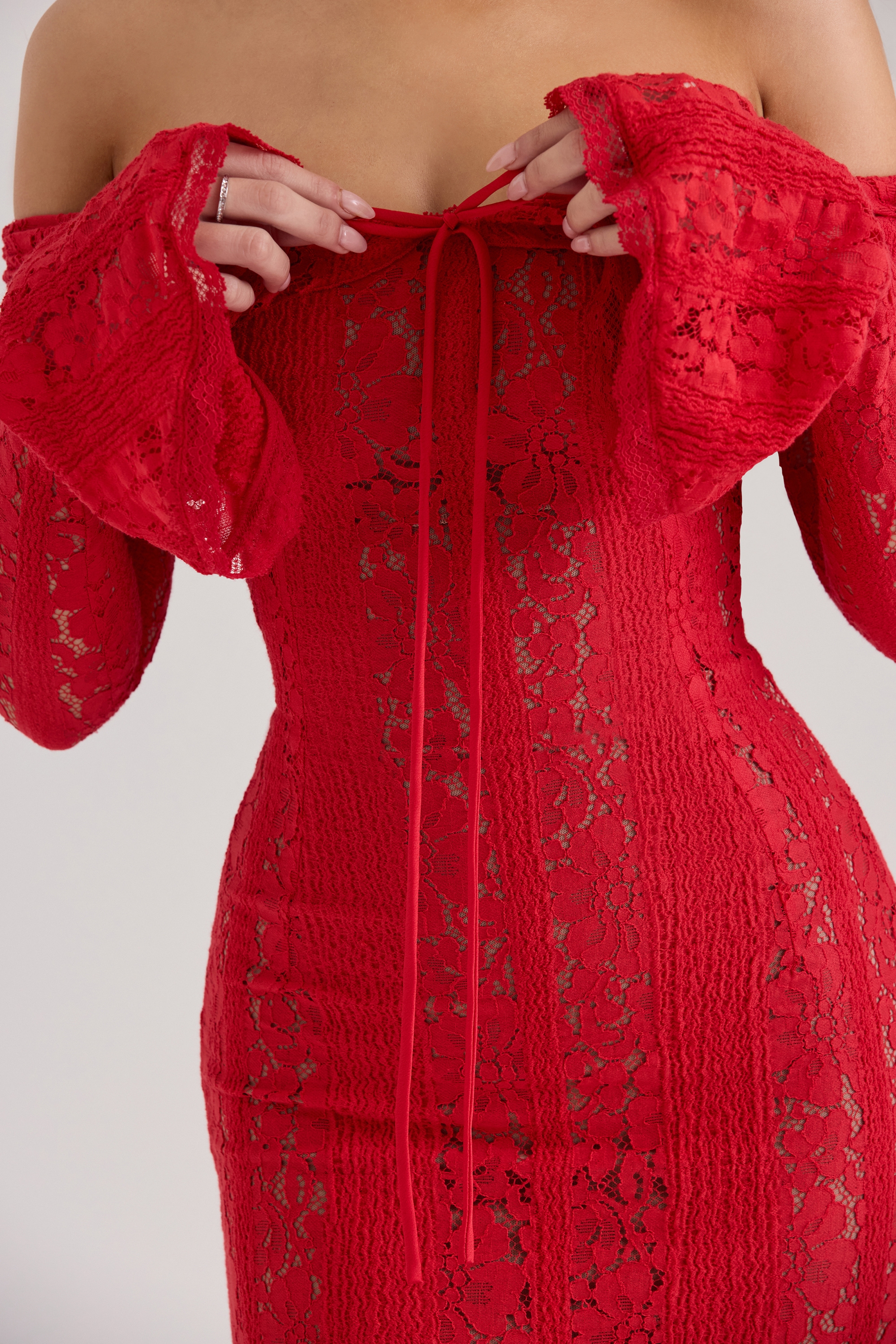 Belle-Red Off Shoulder Floral Lace Maxi Dress