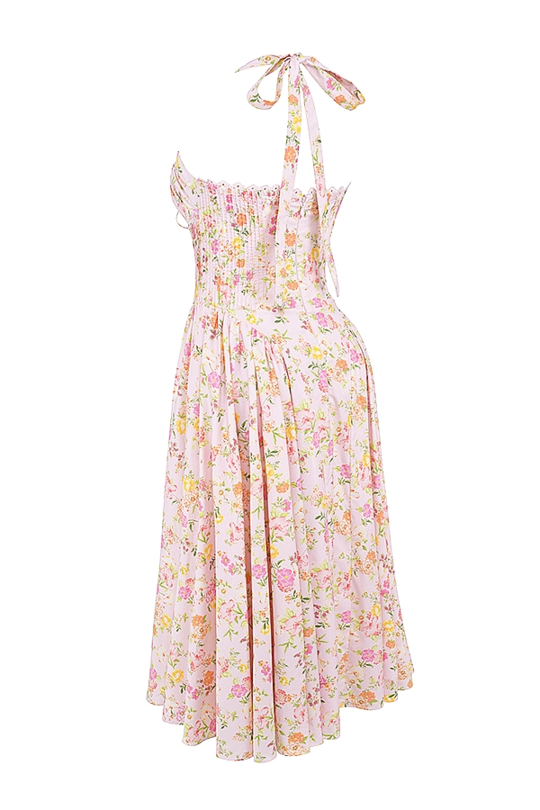 Adabella-Pink Meadow Print Cotton Halter Midi Sundress