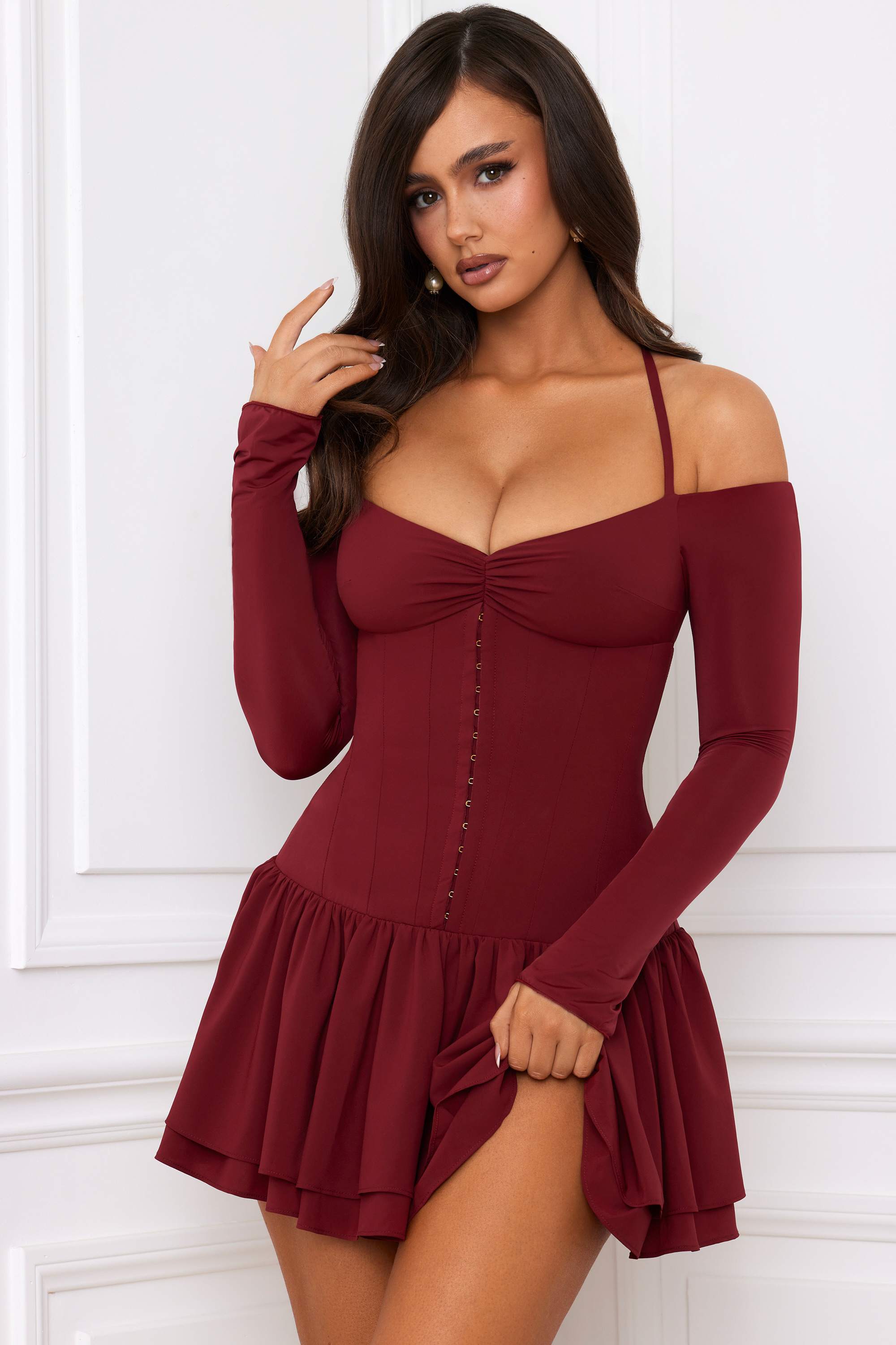 Maren-Off-Shoulder Tiered Corset Mini Dress in Berry Red