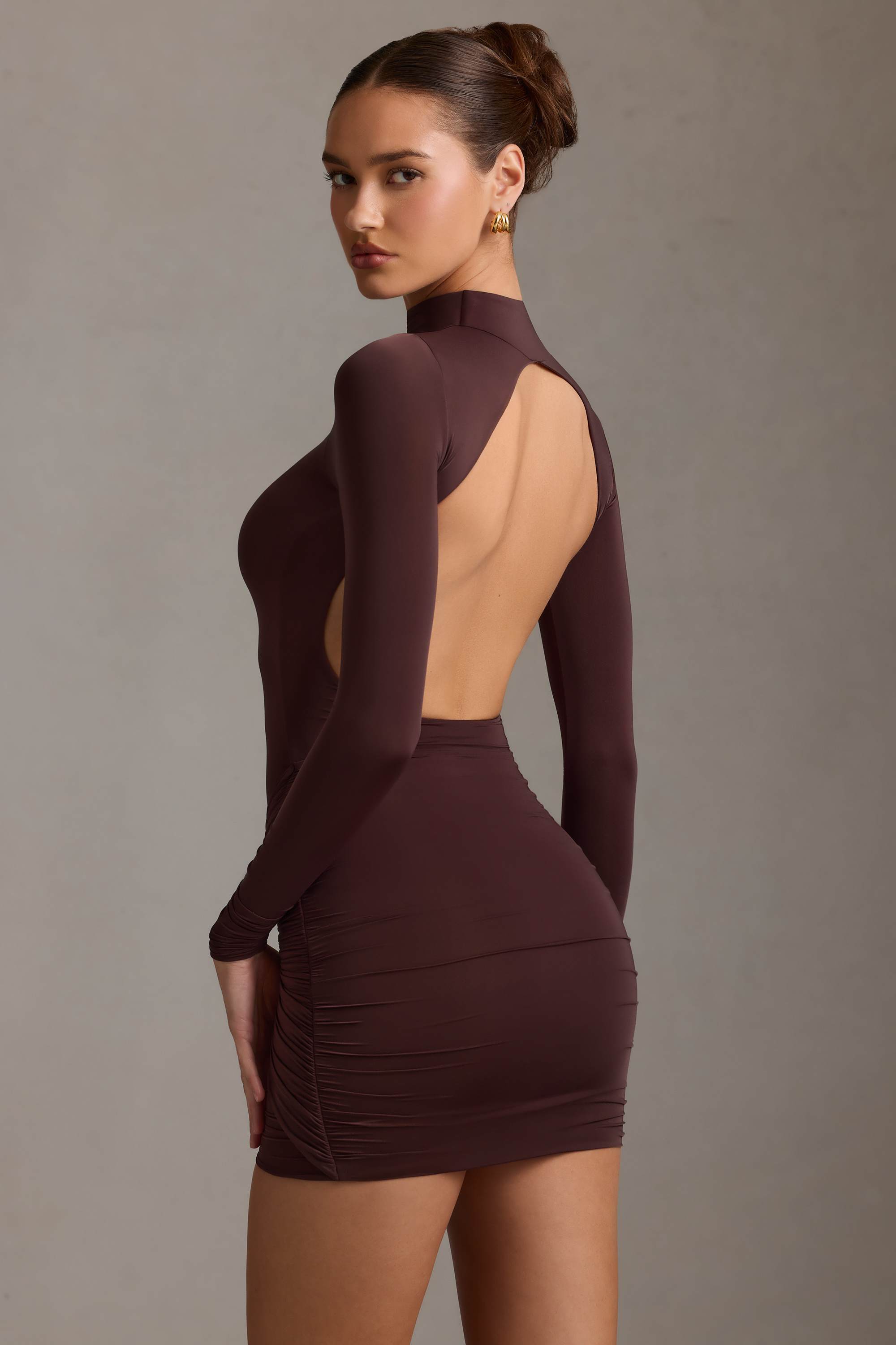 Isolde-Ruched Backless Turtleneck Mini Dress in Chocolate Brown