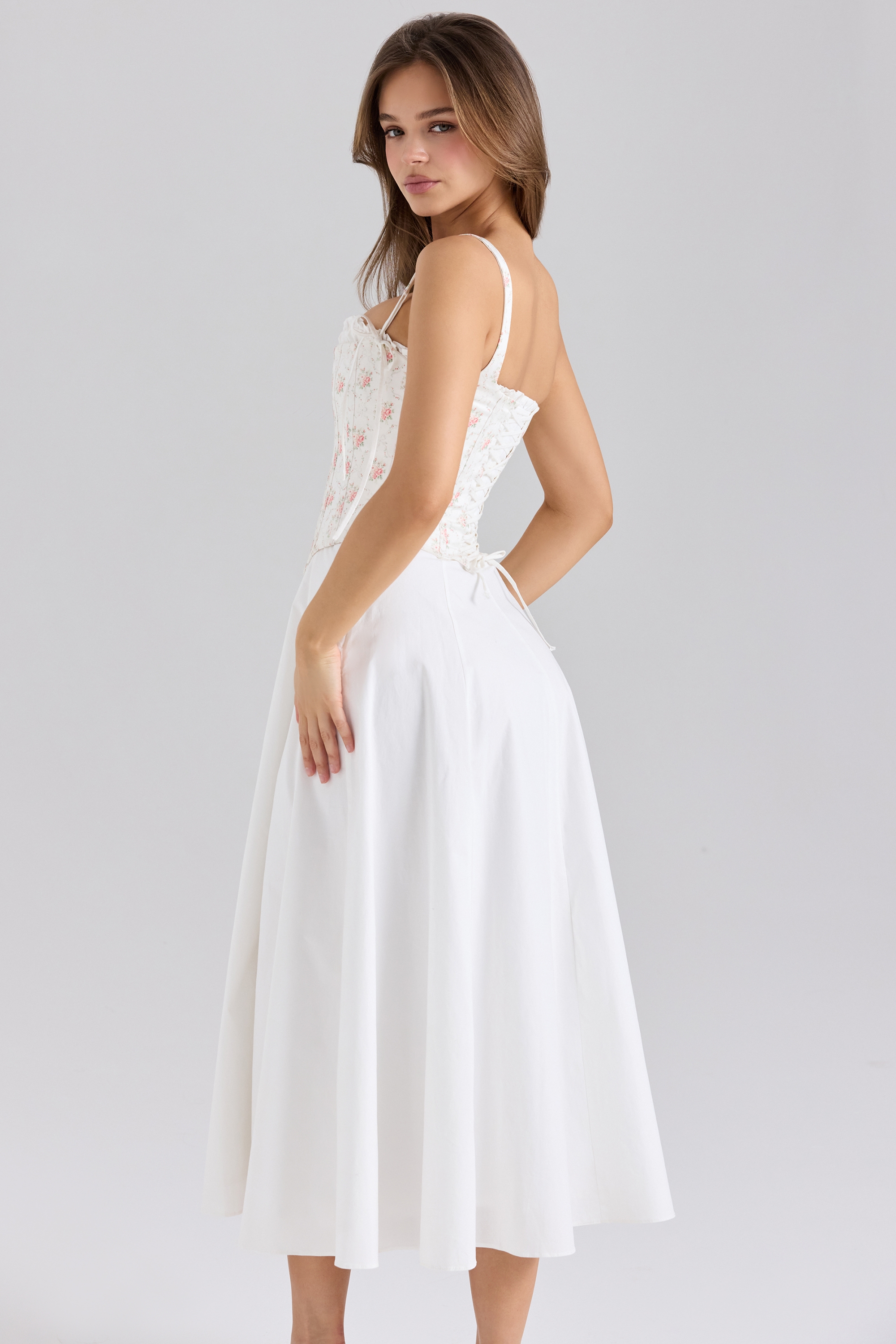 Clarabelle-Rose Print Cotton Detachable Corset Midi Sundress