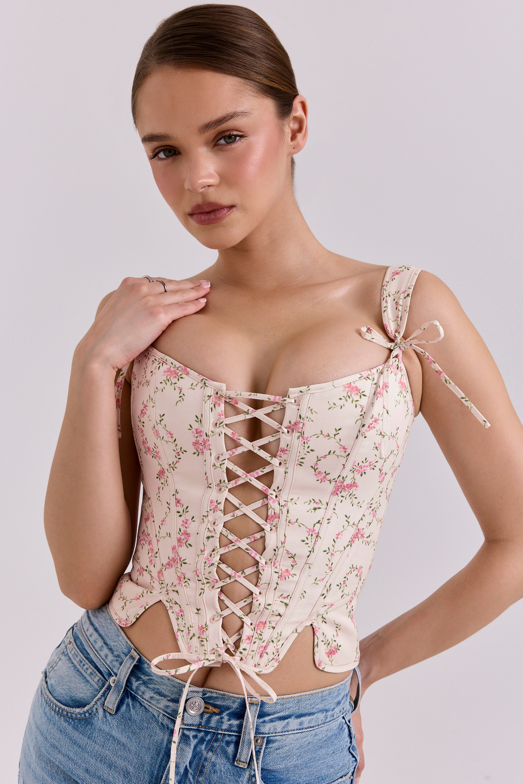 Callie-Cream Vintage Floral Cotton Corset Top