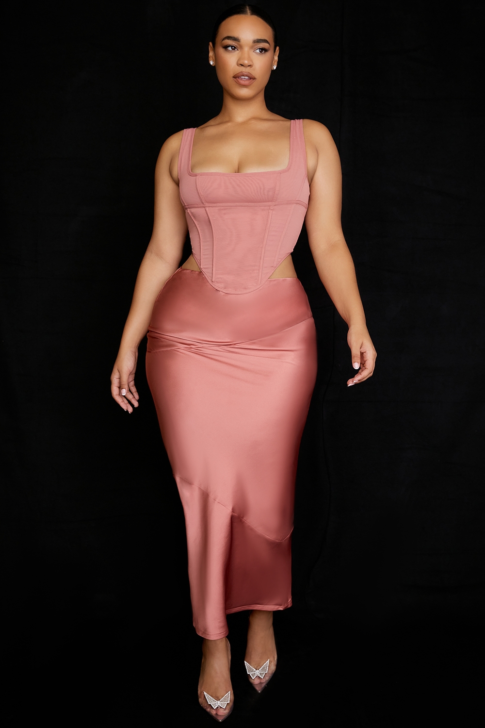 Colette-Rose Satin Low Waist Midi Skirt