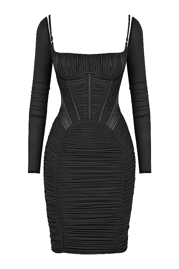 Freyja-Black Gathered Corset Dress