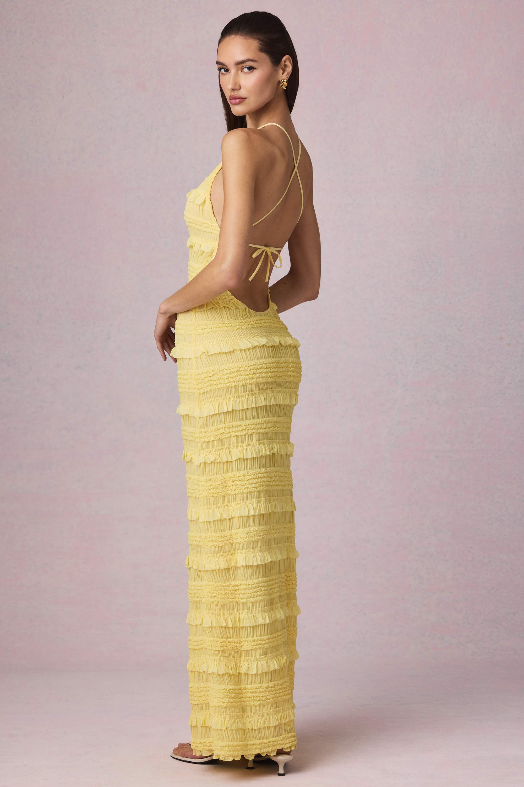 Tove-Ruffled Backless Halterneck Maxi Dress in Lemon Yellow