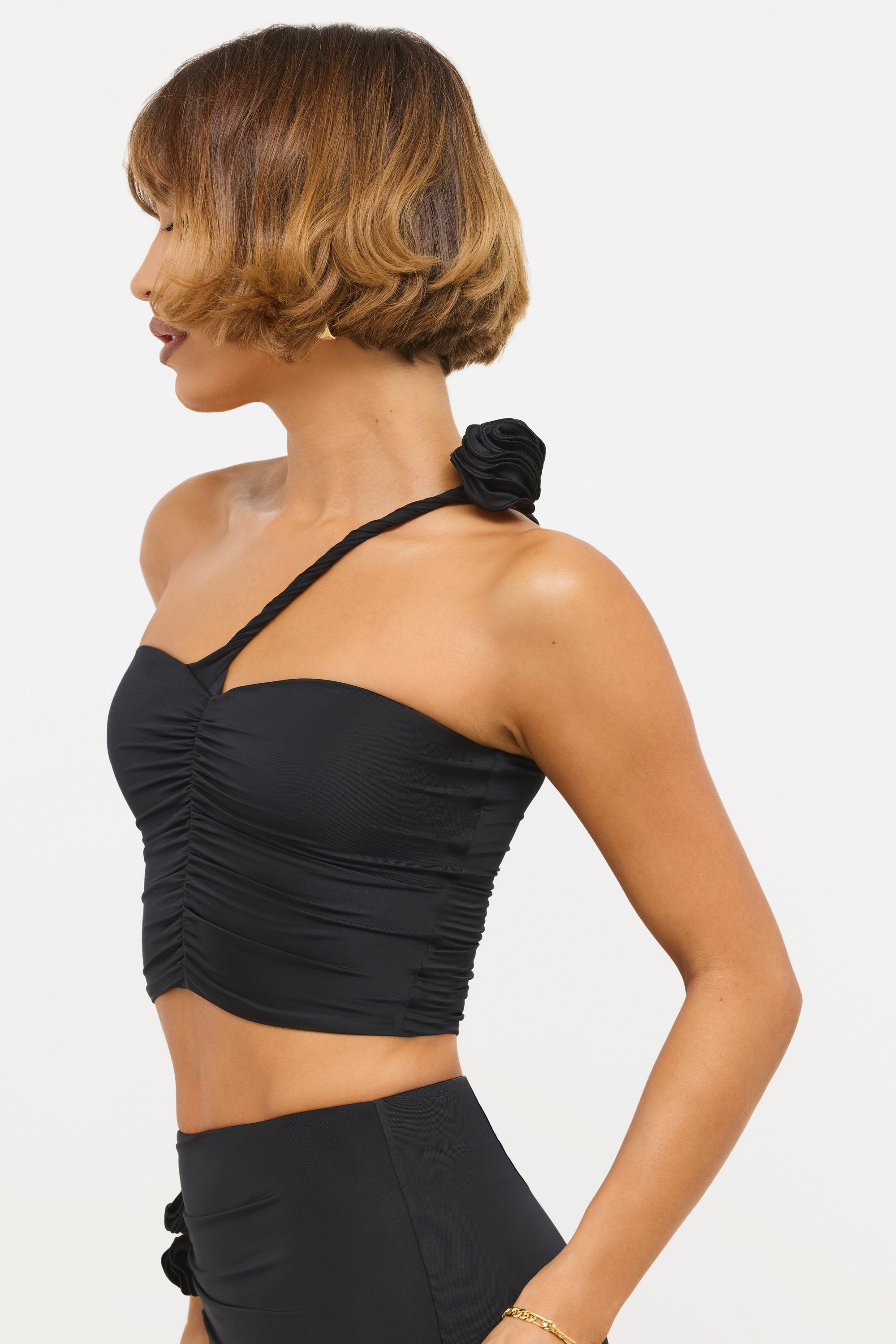 Tesia-Slinky Jersey Rose Detail Asymmetric Top in Black