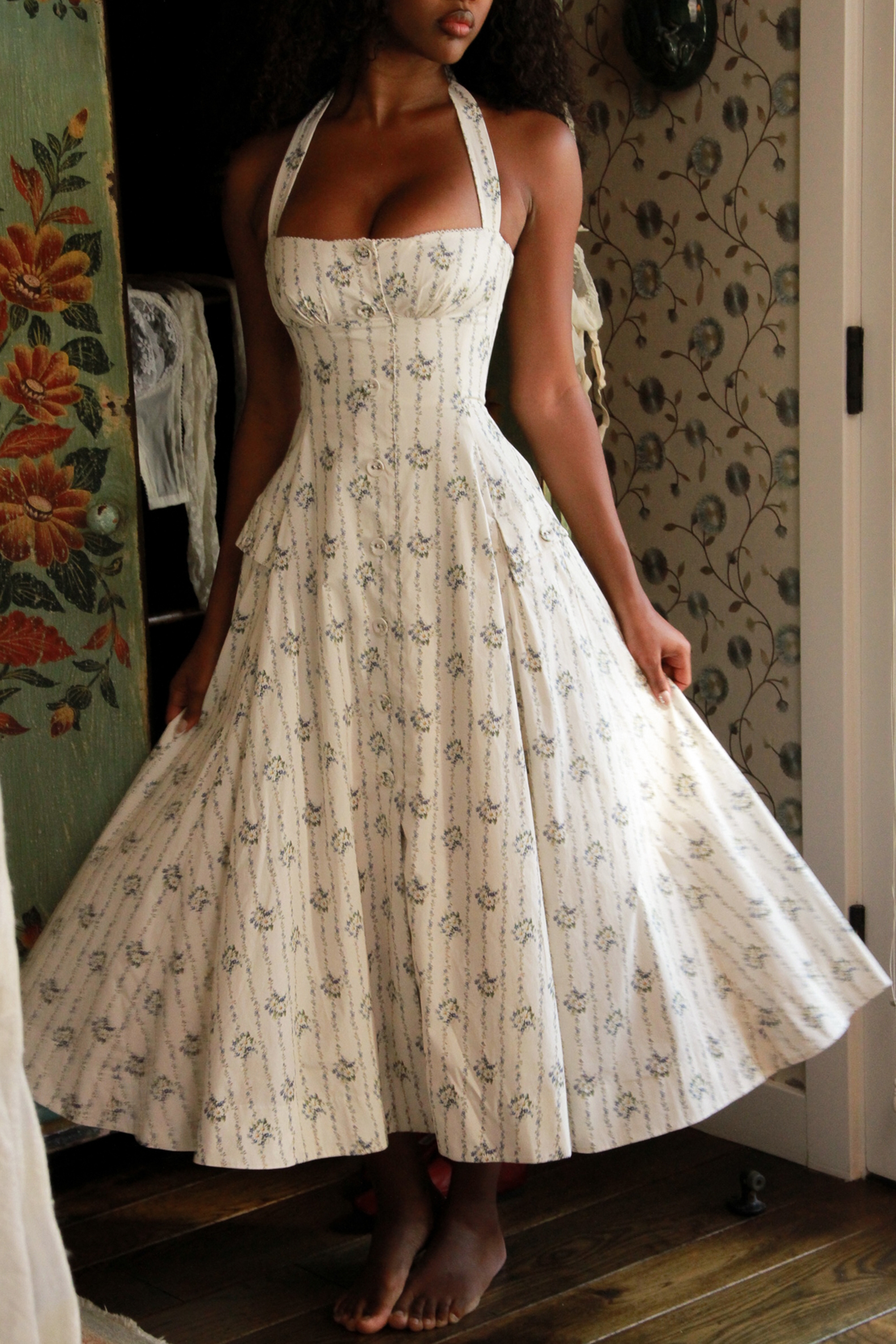 Claudia-Cream Daisy Print Stretch Cotton Halter Neck Midi Dress