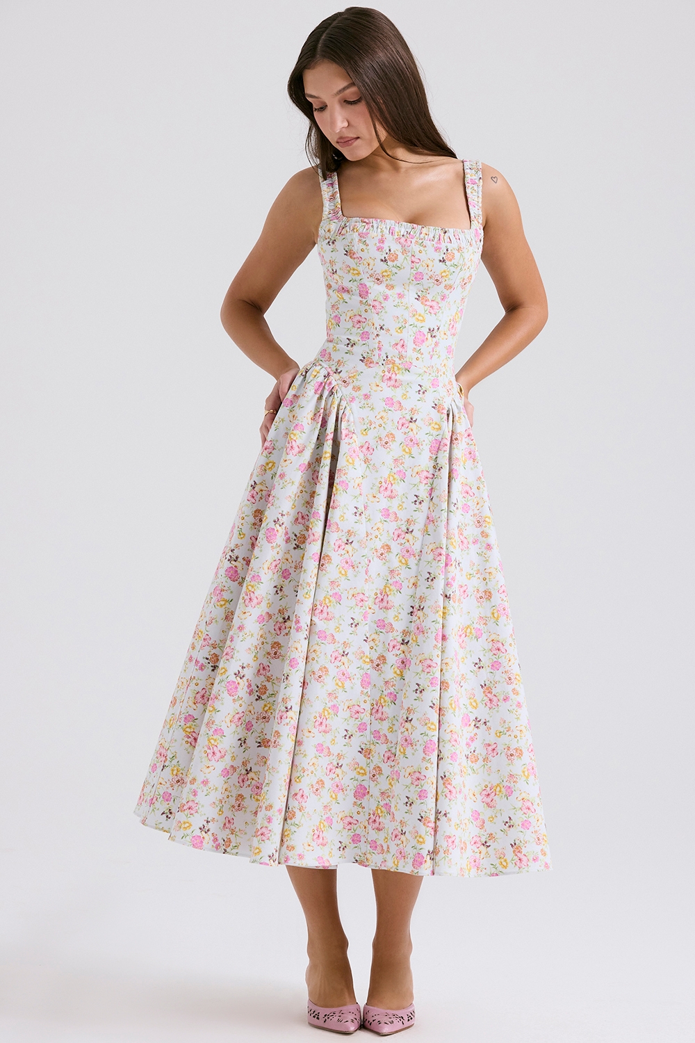 Dorothy-Pale Blue Meadow Print Cotton Midi Sundress