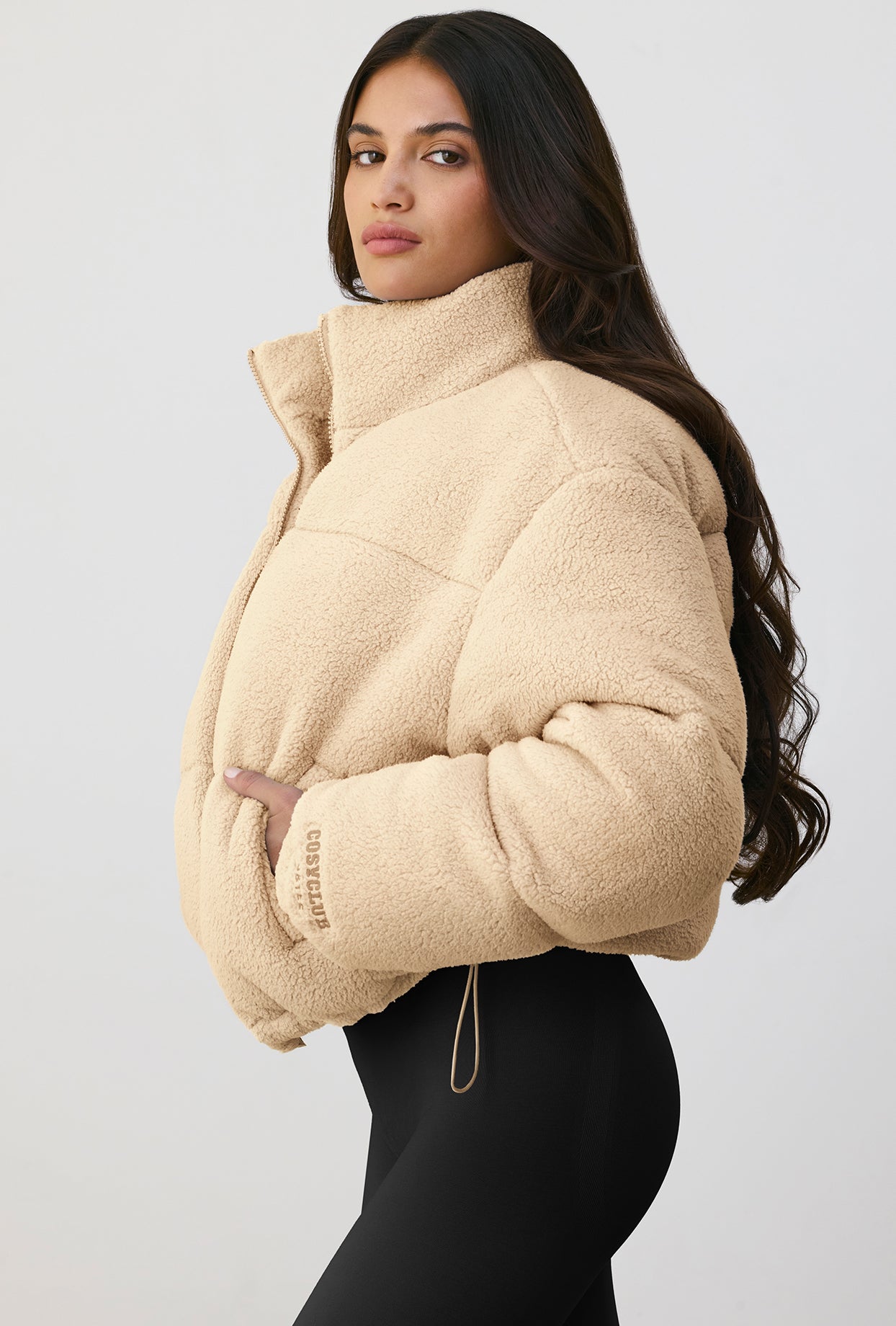 Terry Fleece Puffer Jacket in Beige