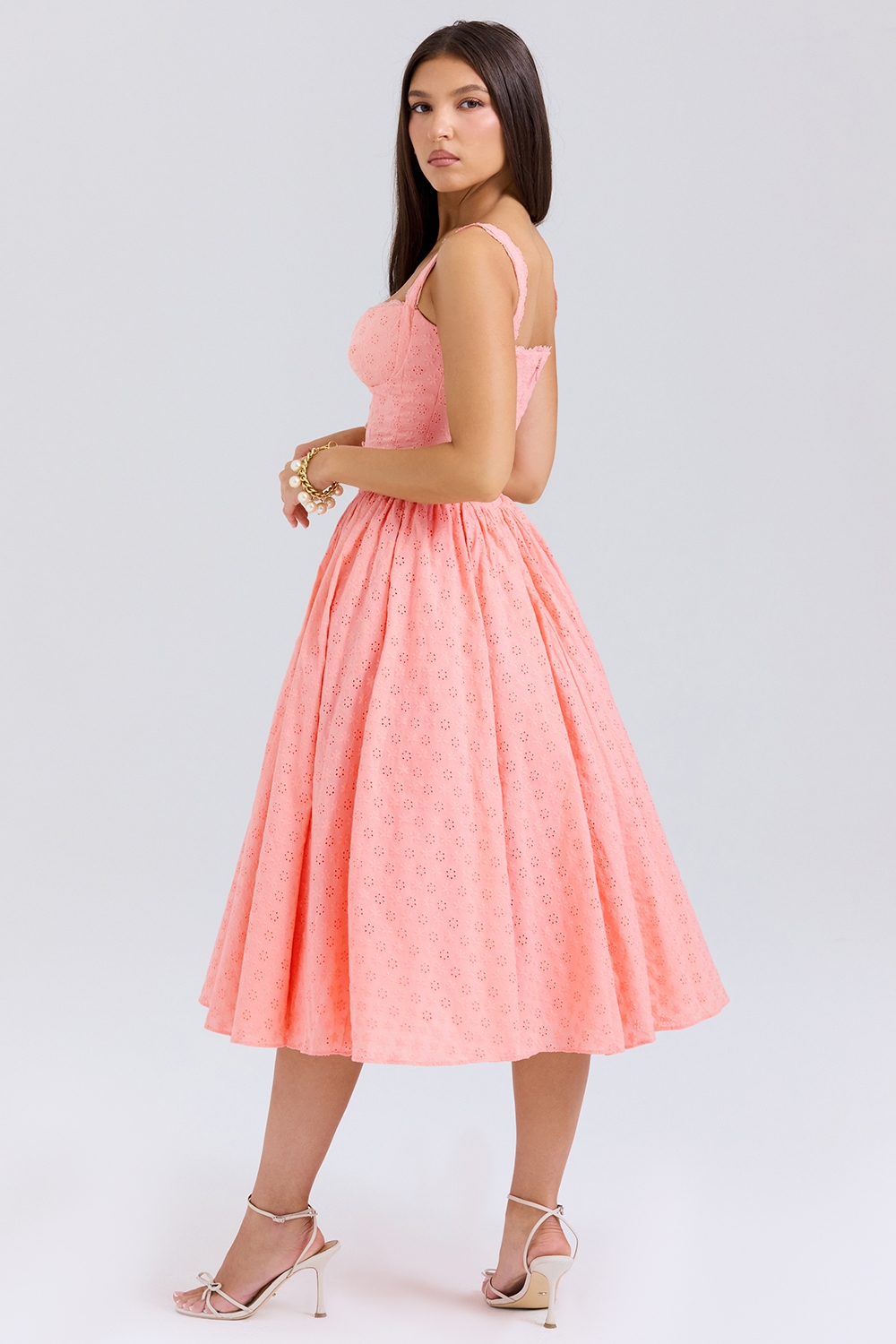 Adalyn-Peach Broderie Anglais Midi Sundress