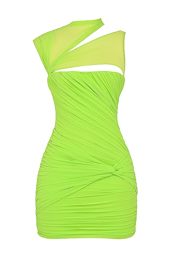 Adrie-Neon Green Gathered Mini Dress