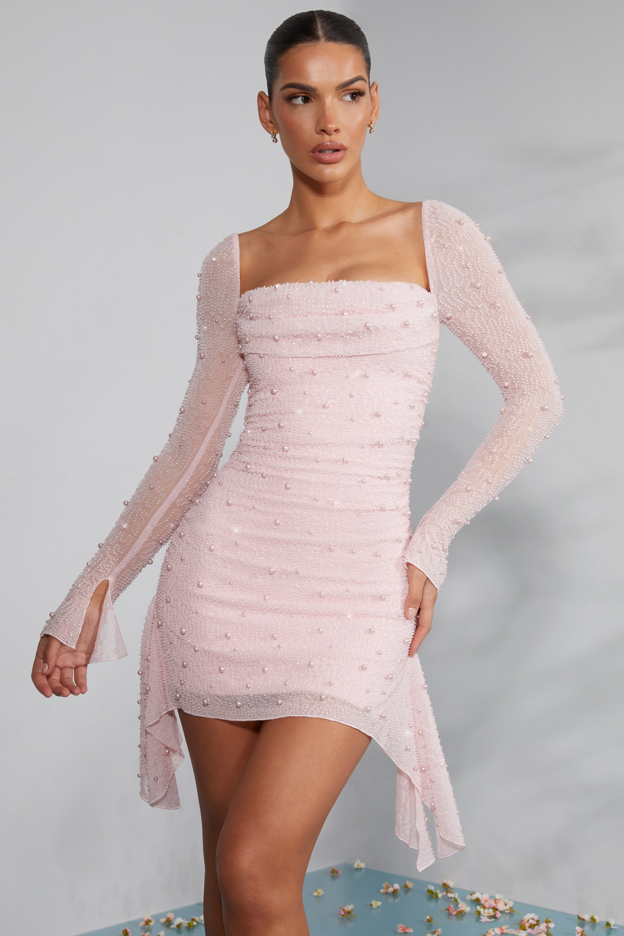 Tivoli-Long Sleeve Embellished Cowl Neck Mini Dress in Blush