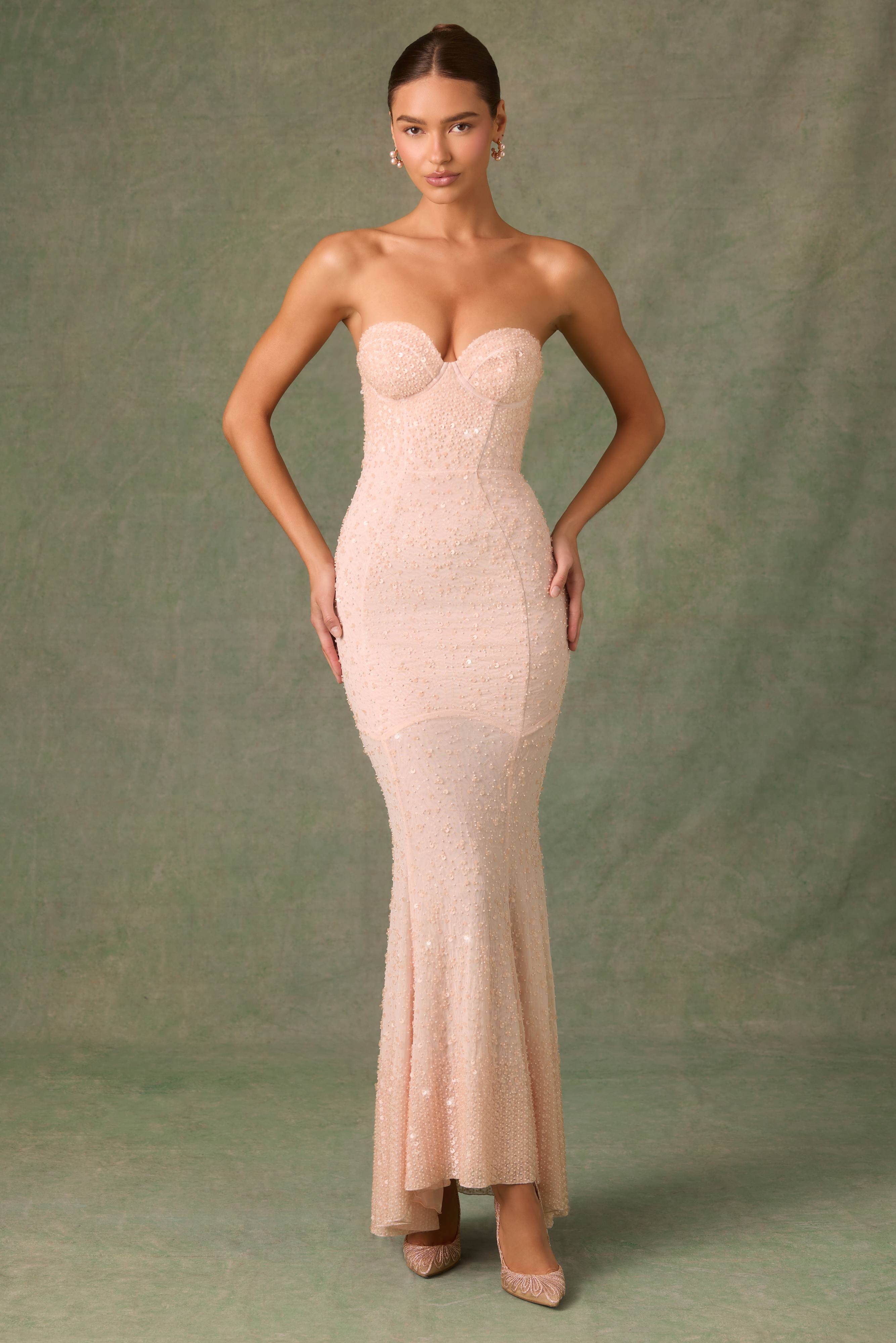 Vesna-Embellished Sweetheart-Neck Fishtail Gown in Dusty Rose