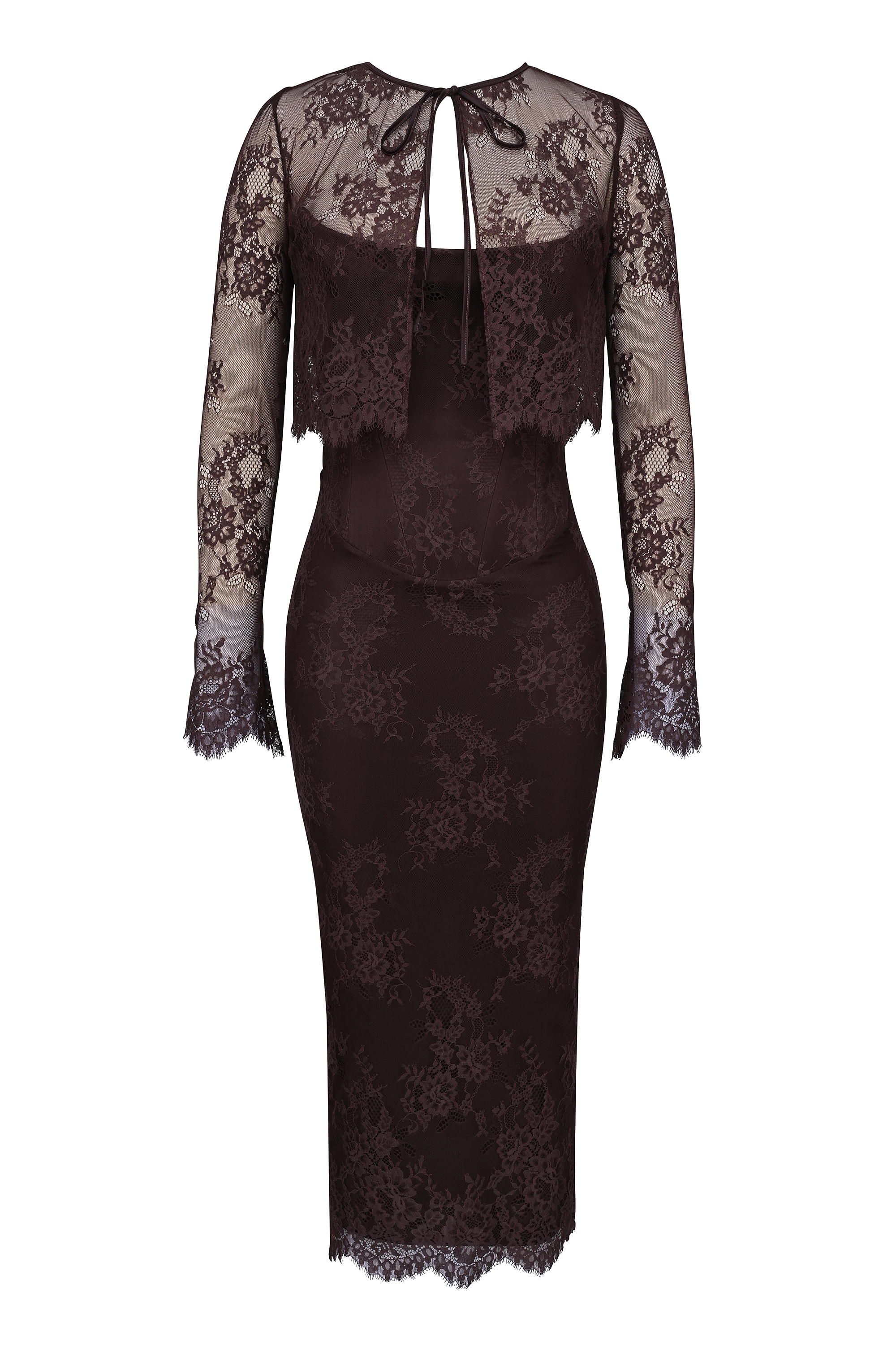 Larra-Bitter Chocolate Lace Corset Midi Dress & Bolero