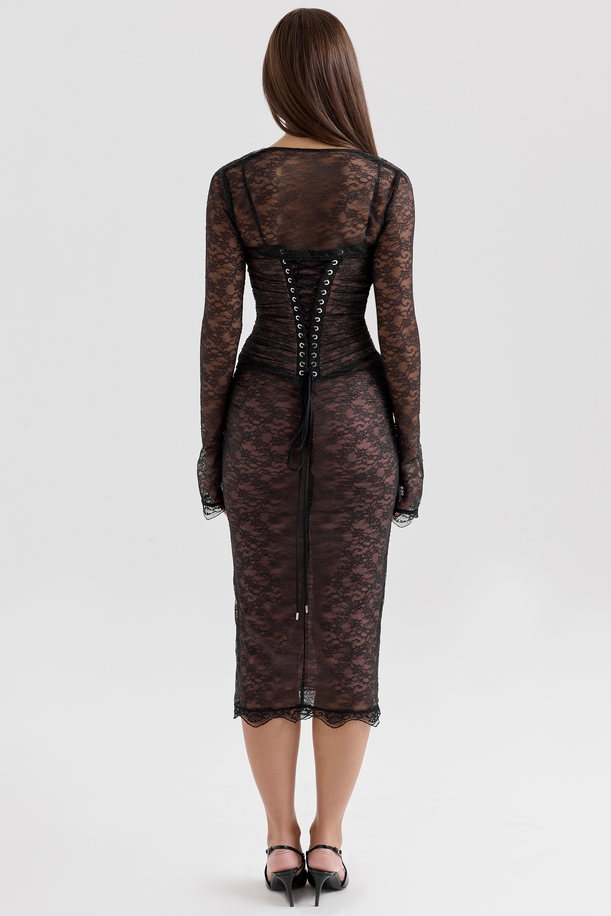 Gaia-Black Lace Corset Midi Dress