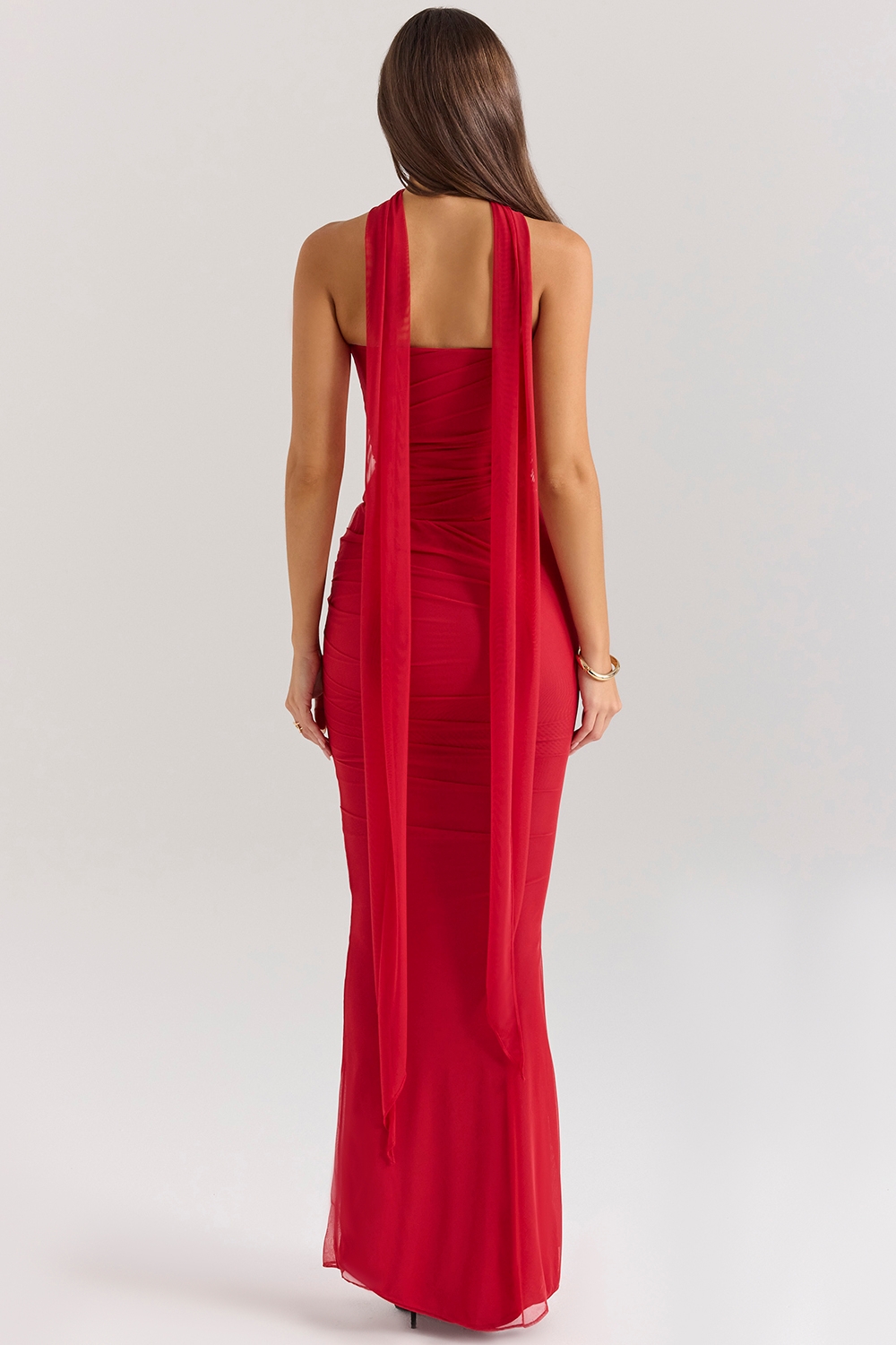 Cassidy-Holly Red Mesh Maxi Skirt with Fluted Hem