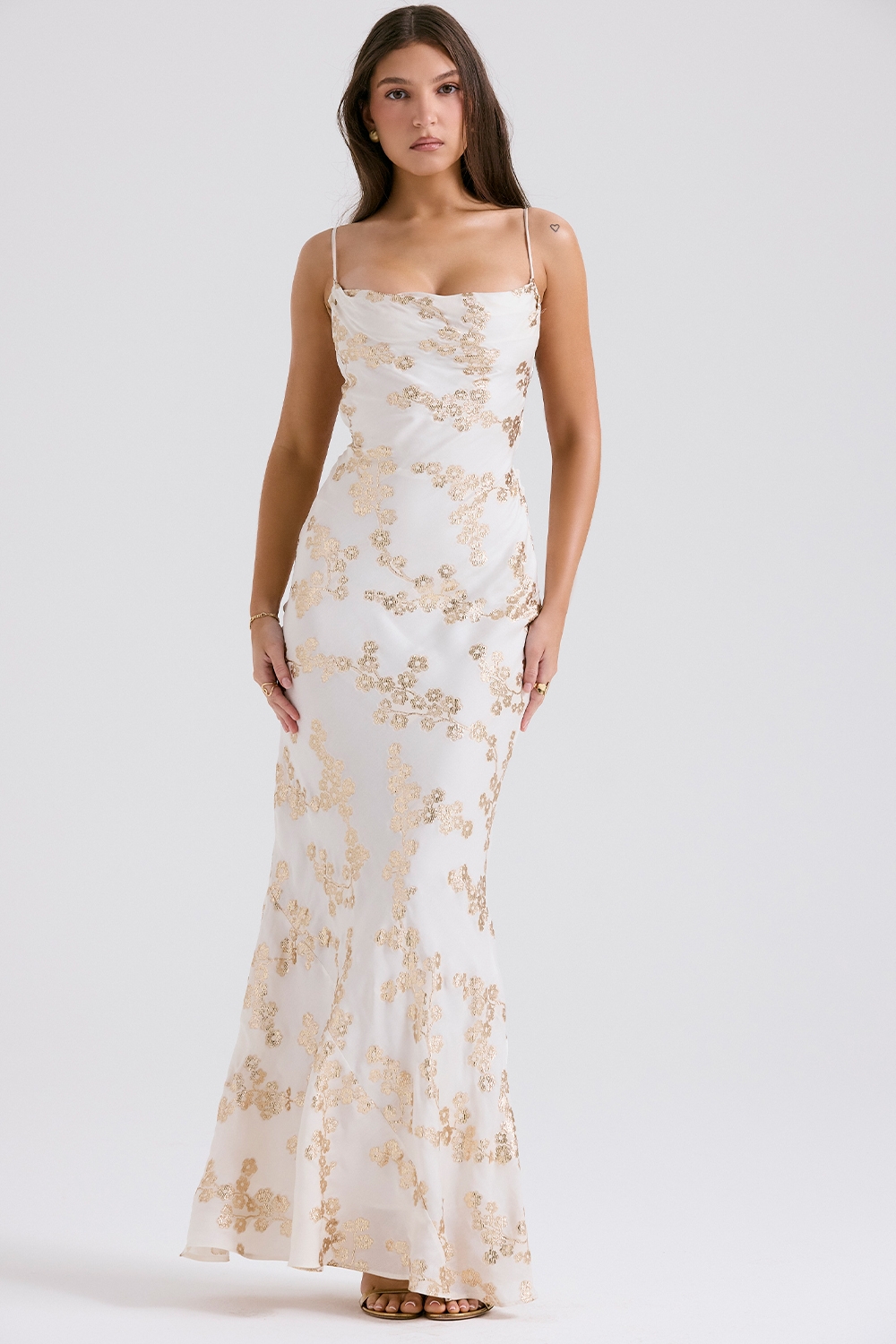 Capriana-White & Gold Jacquard Satin Gown