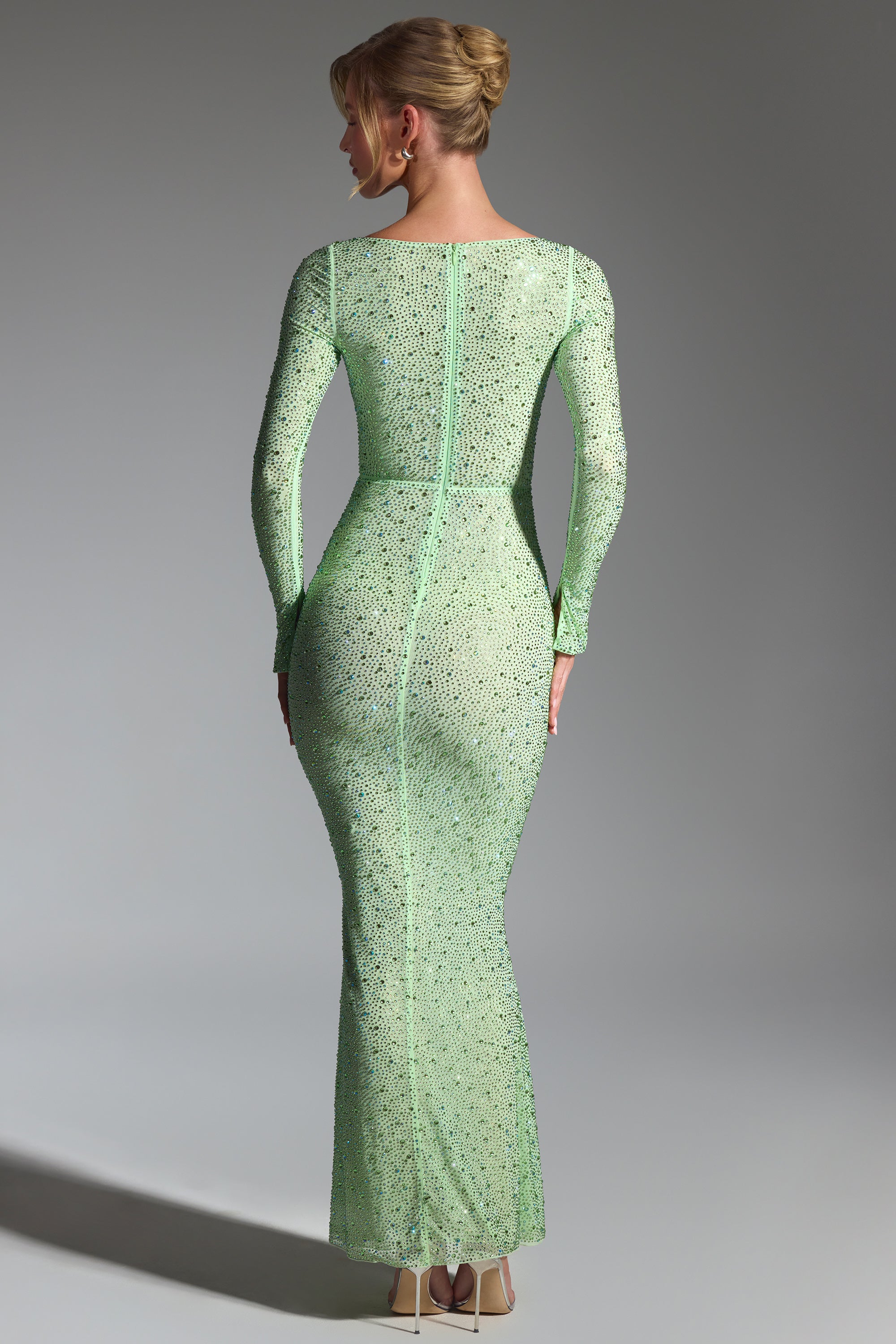 Cassiopeia-Embellished Fishtail Maxi Dress in Pistachio