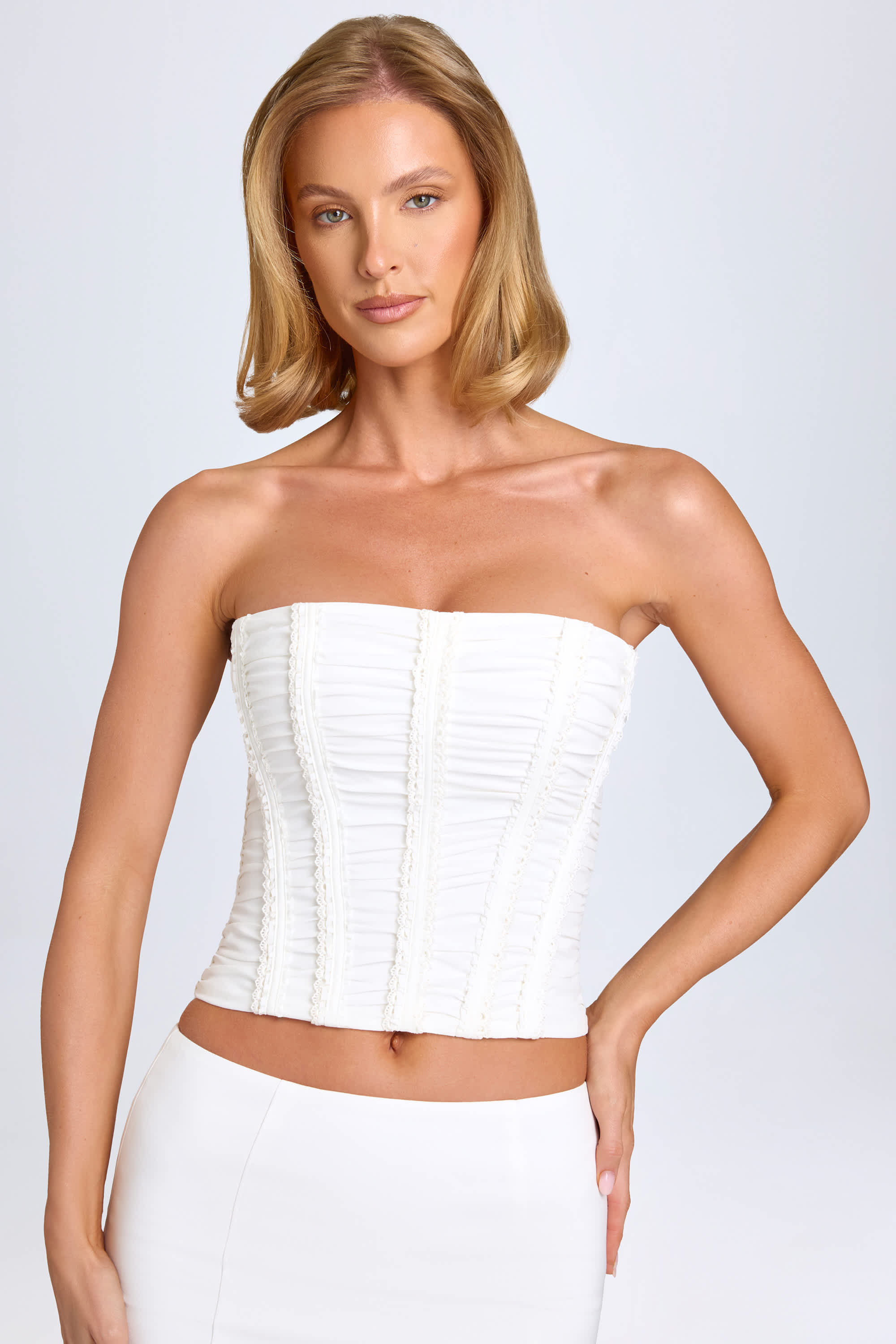 Trova-Ruched Lace-Up Corset Top in White