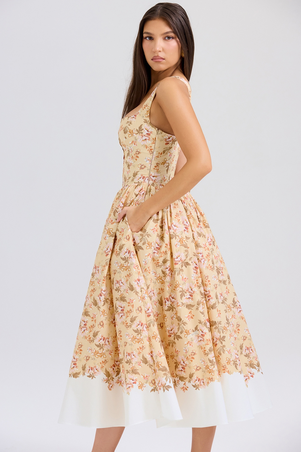 Alba-Honeyflower Print Gathered Cotton Midi Dress