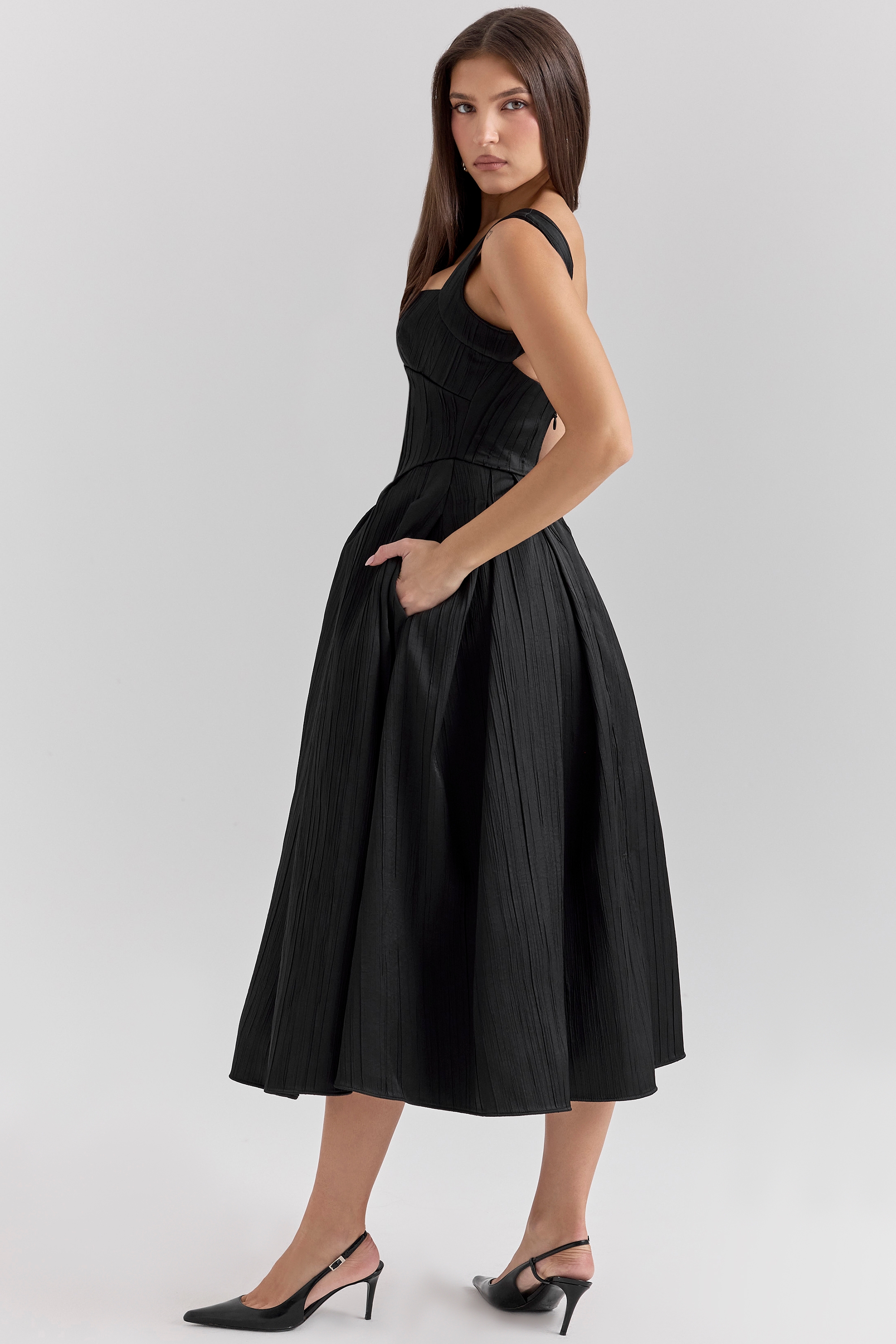 Isabeau-Black Textured Satin Corset Midi Dress