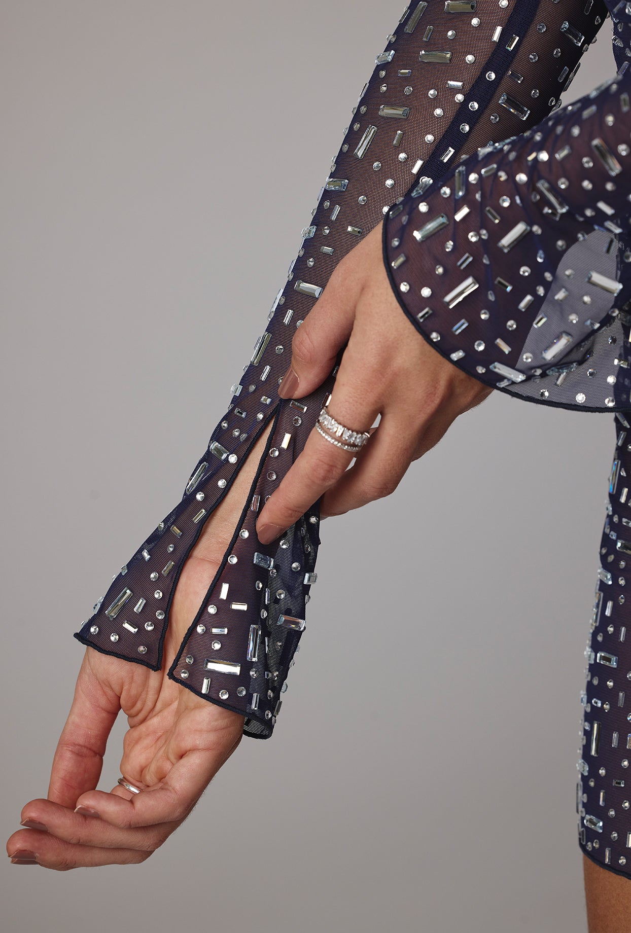 Zeta-Sheer Embellished Long Sleeve A-Line Mini Dress in Navy