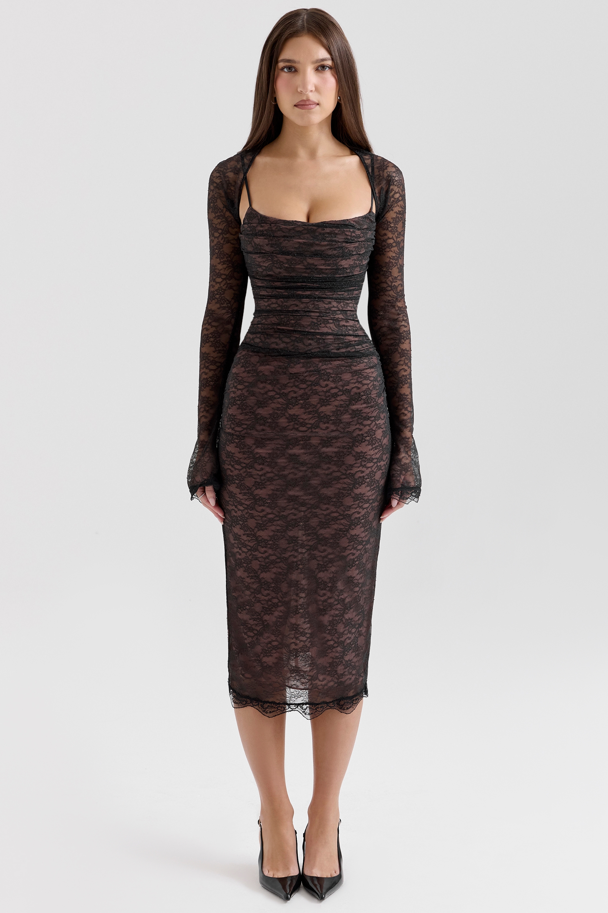 Gaia-Black Lace Corset Midi Dress