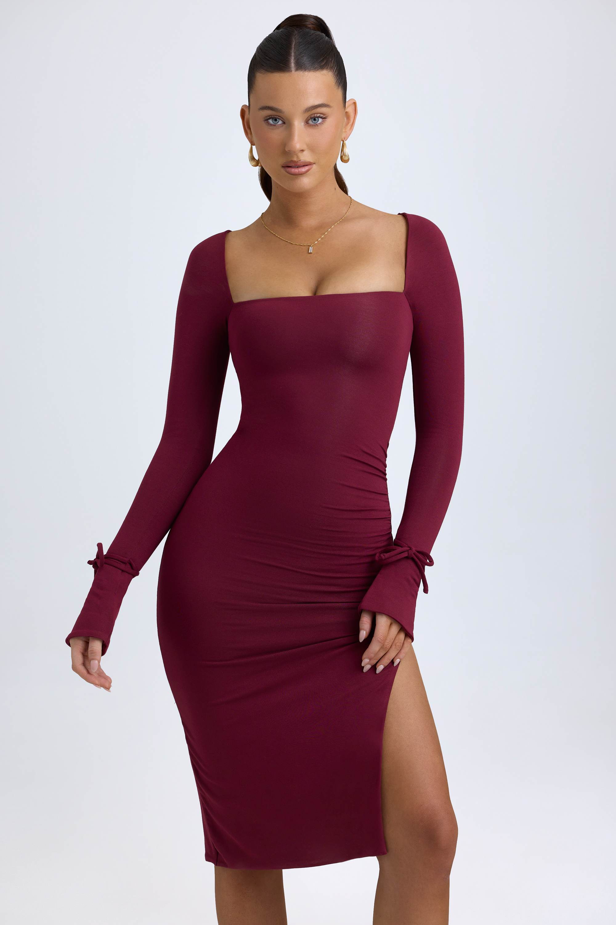 Sawyer-Modal Square-Neck Midi Dress in Wine Red