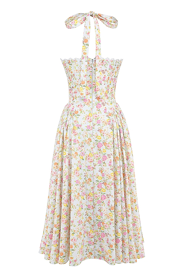 Adabella-Pale Blue Meadow Print Cotton Halter Sundress