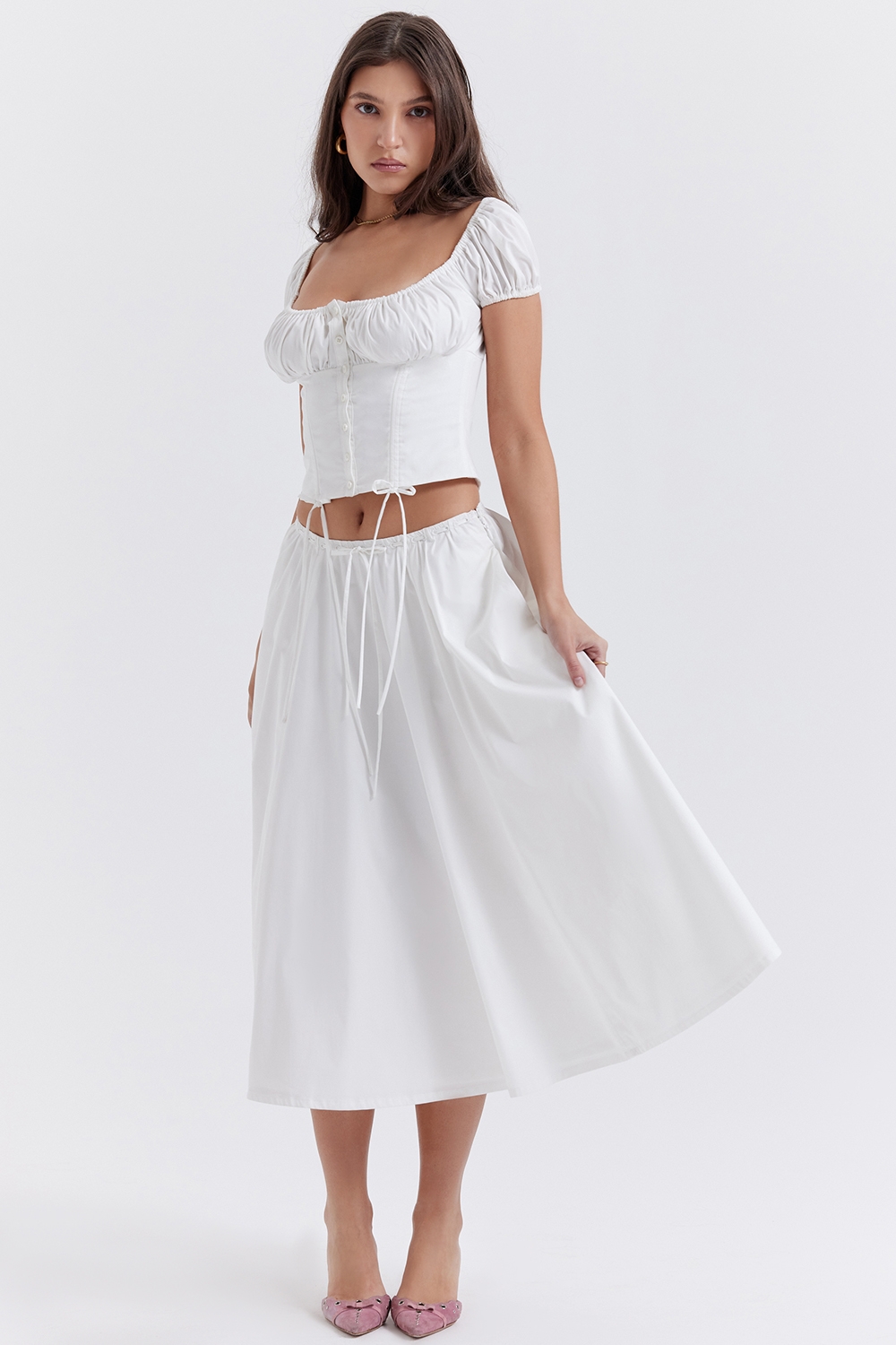 Cora-White Gathered Midi Skirt