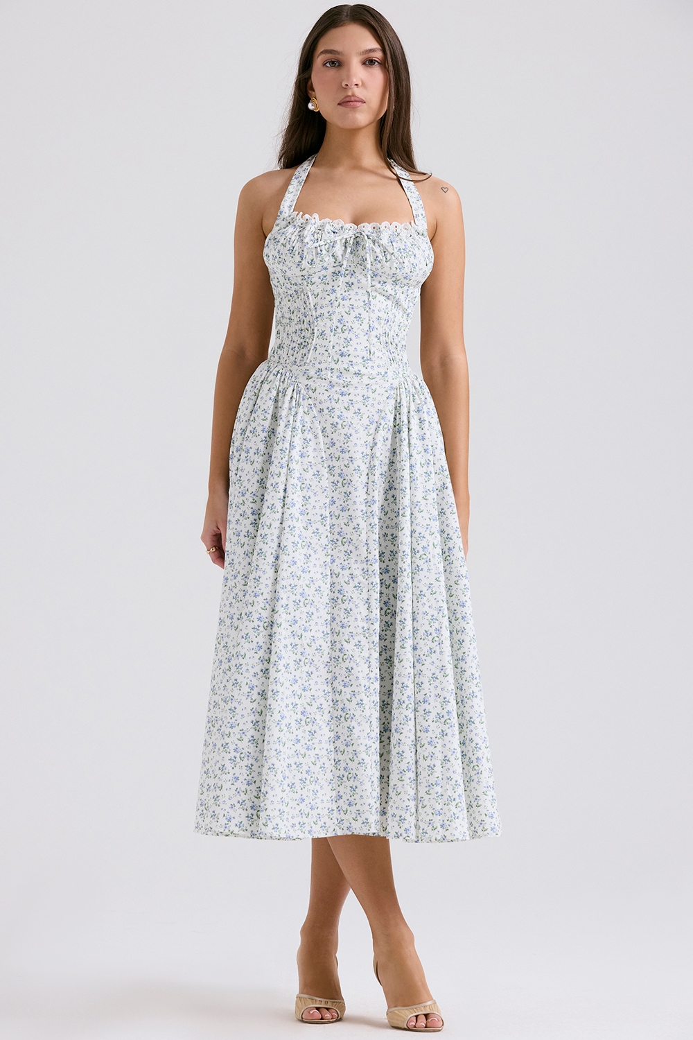 Adabella-White Bluebell Print Cotton Halter Sundress