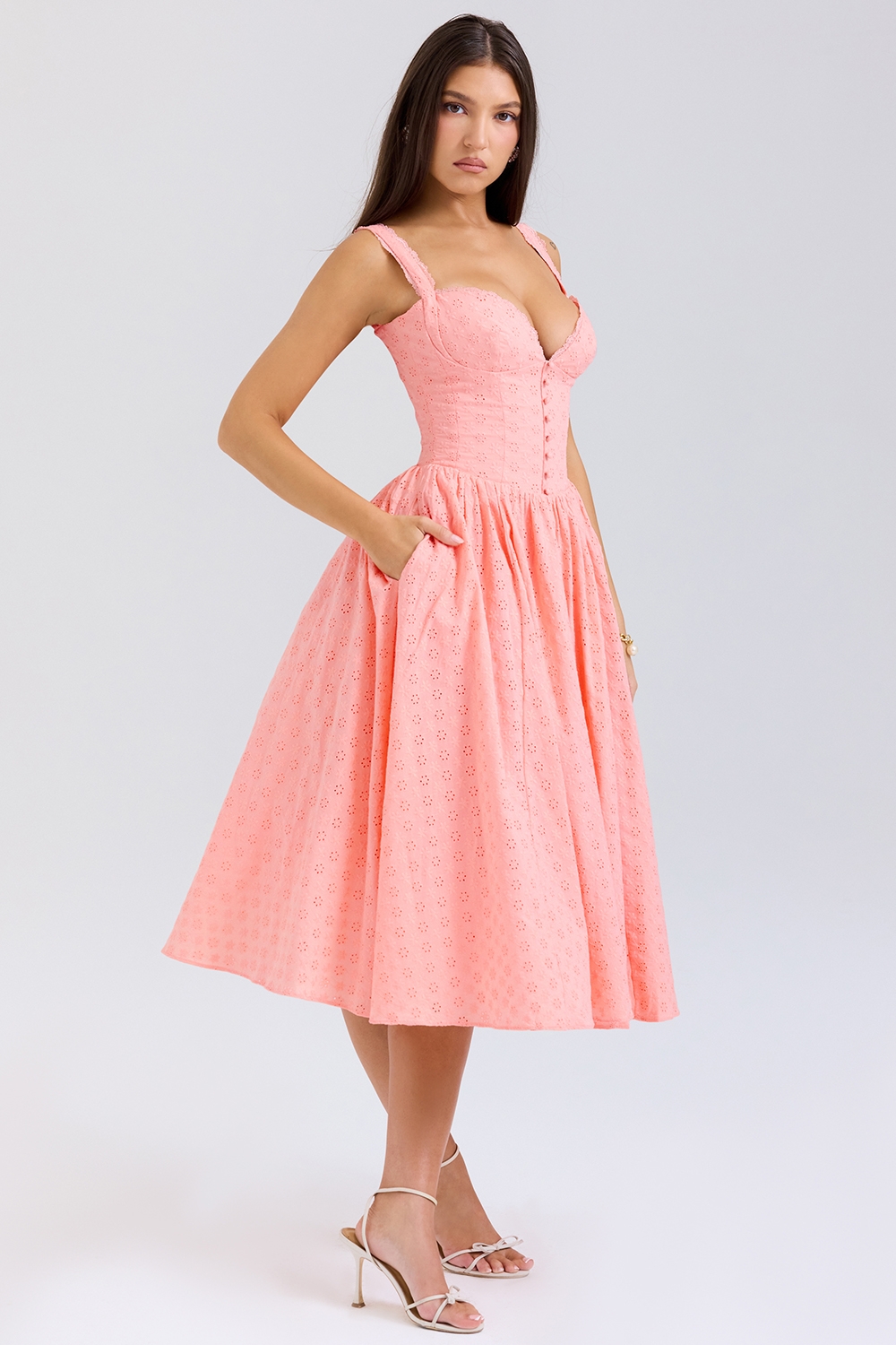 Adalyn-Peach Broderie Anglais Midi Sundress