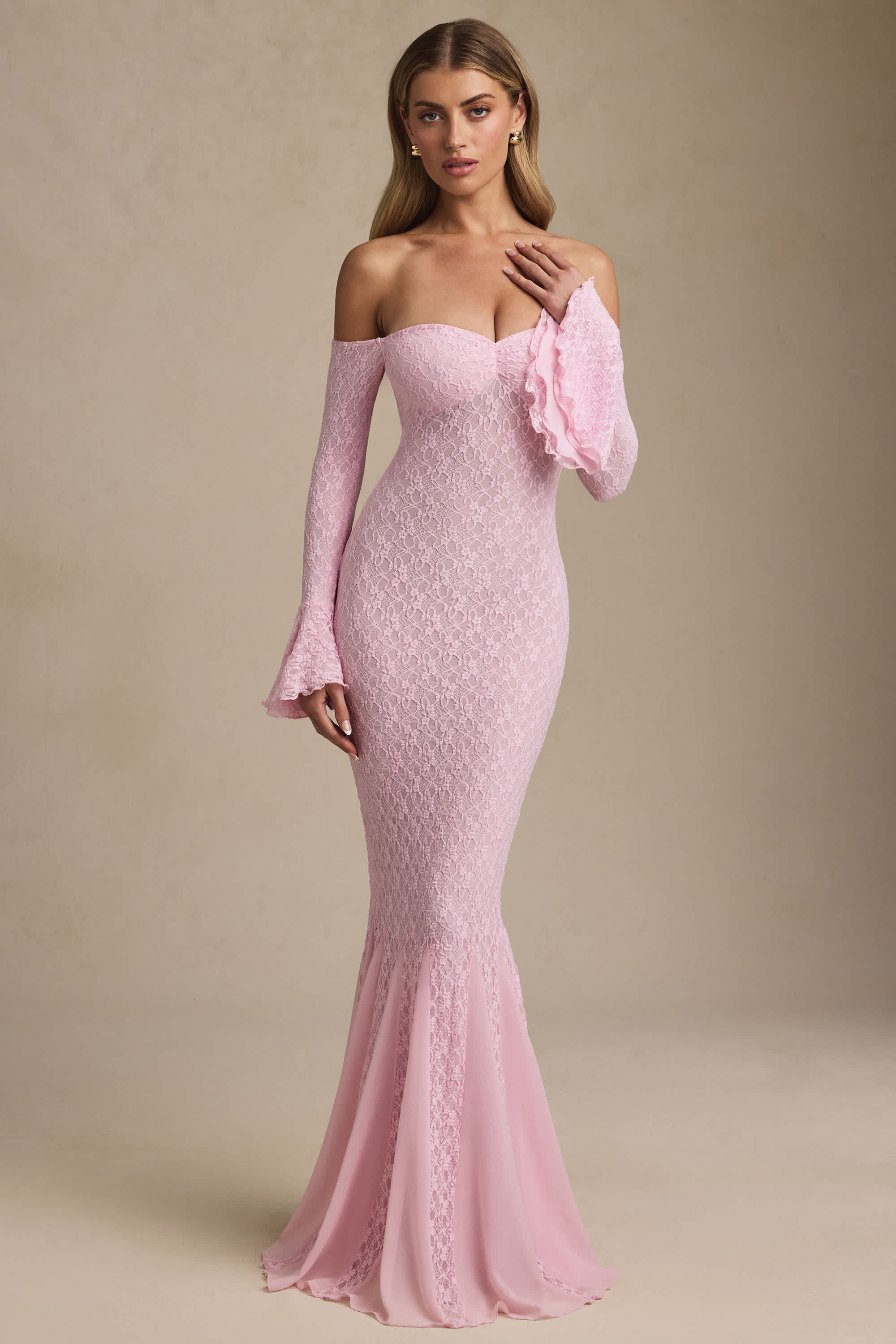 Verena-Off-Shoulder Ruffle Lace Maxi Dress in Soft Pink