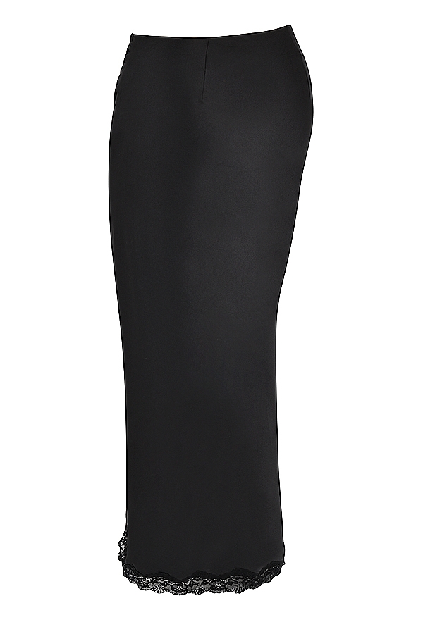 Ruby-Black Satin Lace Trim Midi Skirt