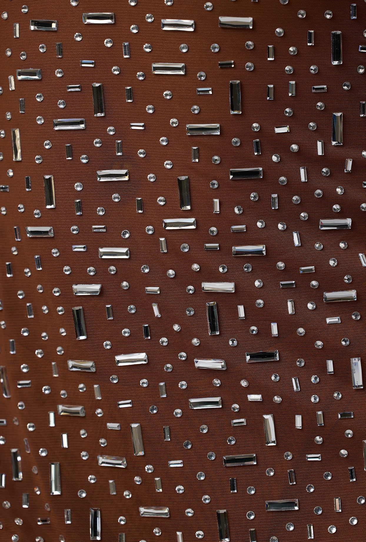 Zeta-Sheer Embellished Long Sleeve A-Line Mini Dress in Mocha