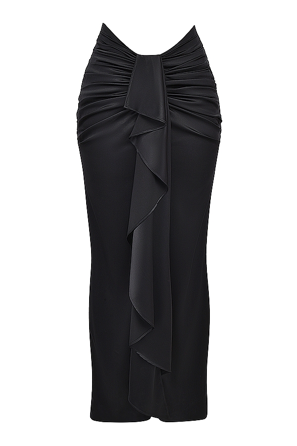 Arla-Black Draped Silk Maxi Skirt