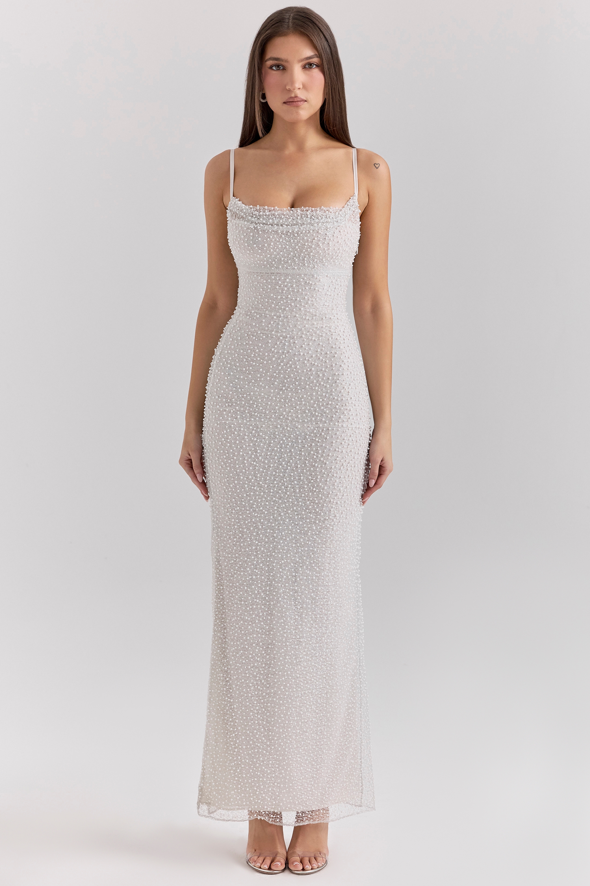 Calla-Silver Pearl Embellished Maxi Dress