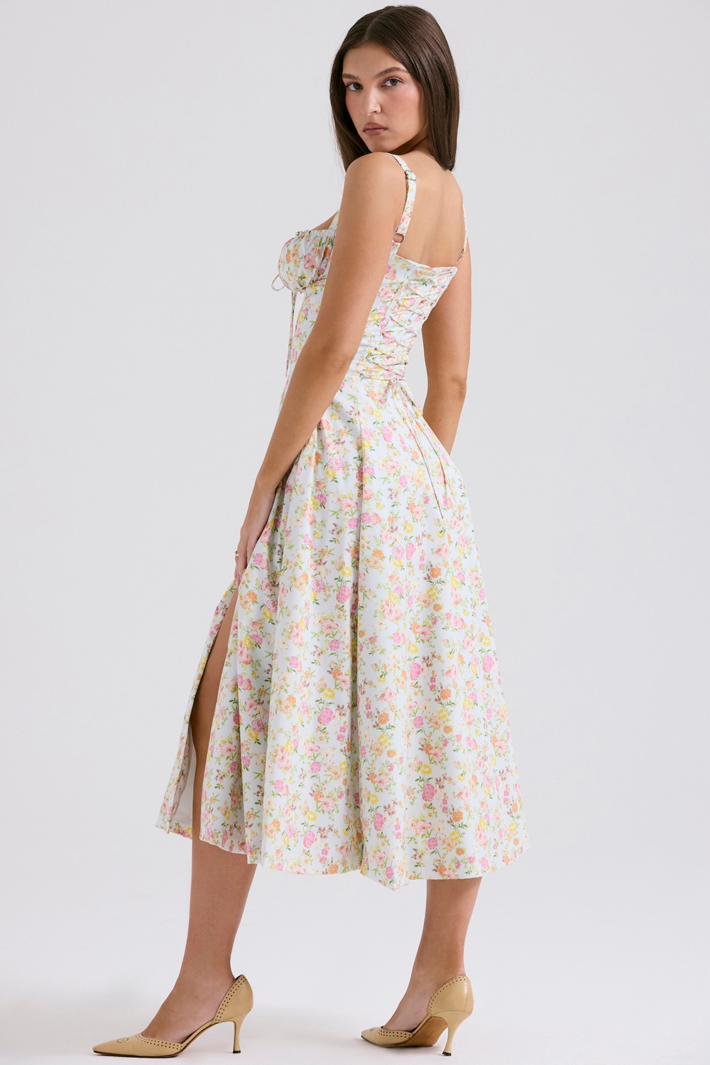 Carmen-Pale Blue Meadow Print Cotton Bustier Sundress