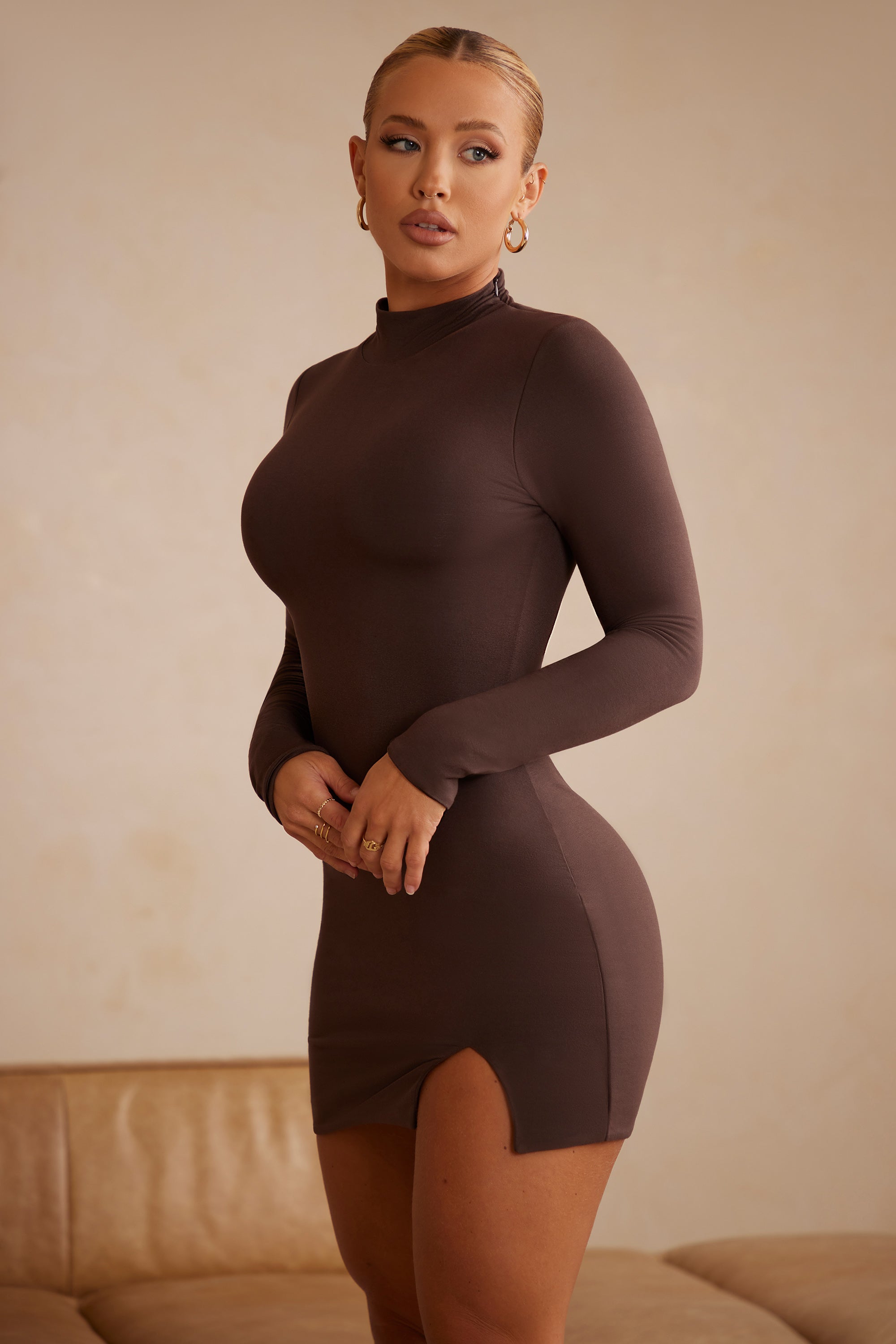 Bindi-High Neck Long Sleeve Mini Dress in Chocolate