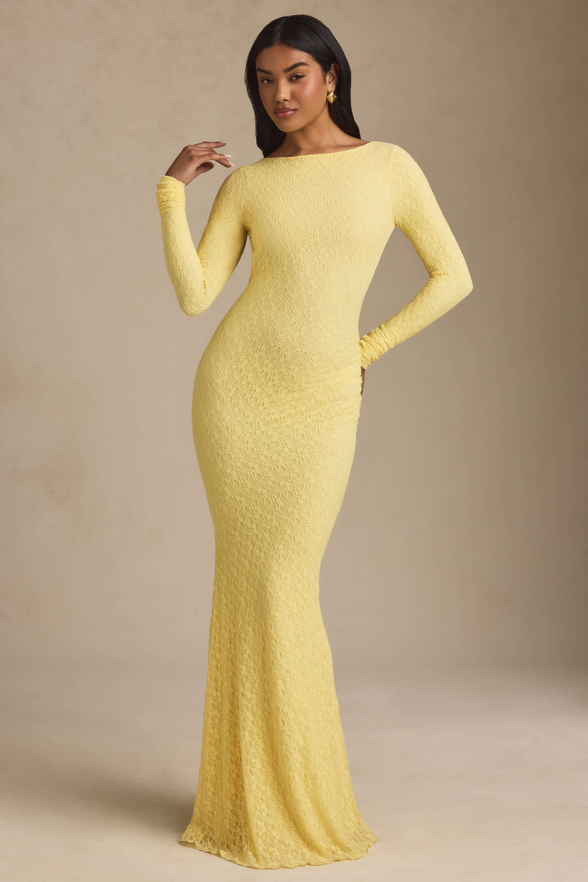 Tarini-Ruched Backless Lace Maxi Dress in Pastel Yellow